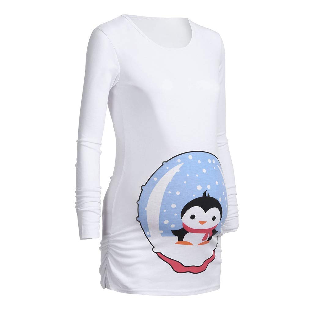 Women's Maternity White Denim Overalls & Penguin Print Pregnancy T-Shirt - Long Sleeve Cartoon Maternity Tops for Casual Wear, Baby Showers & Pregnancy Photos