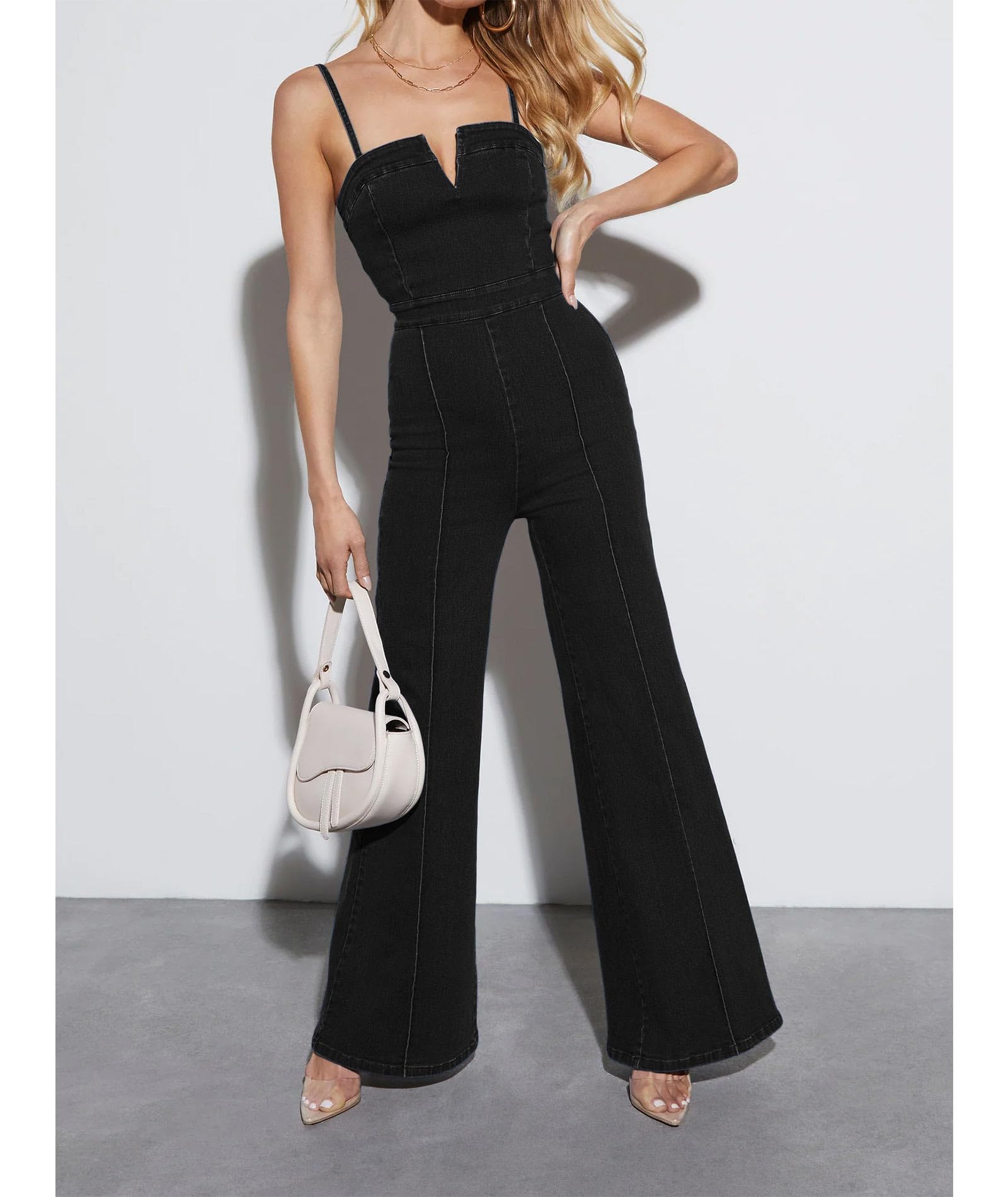 Stylish Women's Denim Jumpsuit - Sleeveless Spaghetti Strap V-Neck Romper with Zipper & Wide Leg Flare | Casual Summer Outfit, Beach Wear, Street Fashion