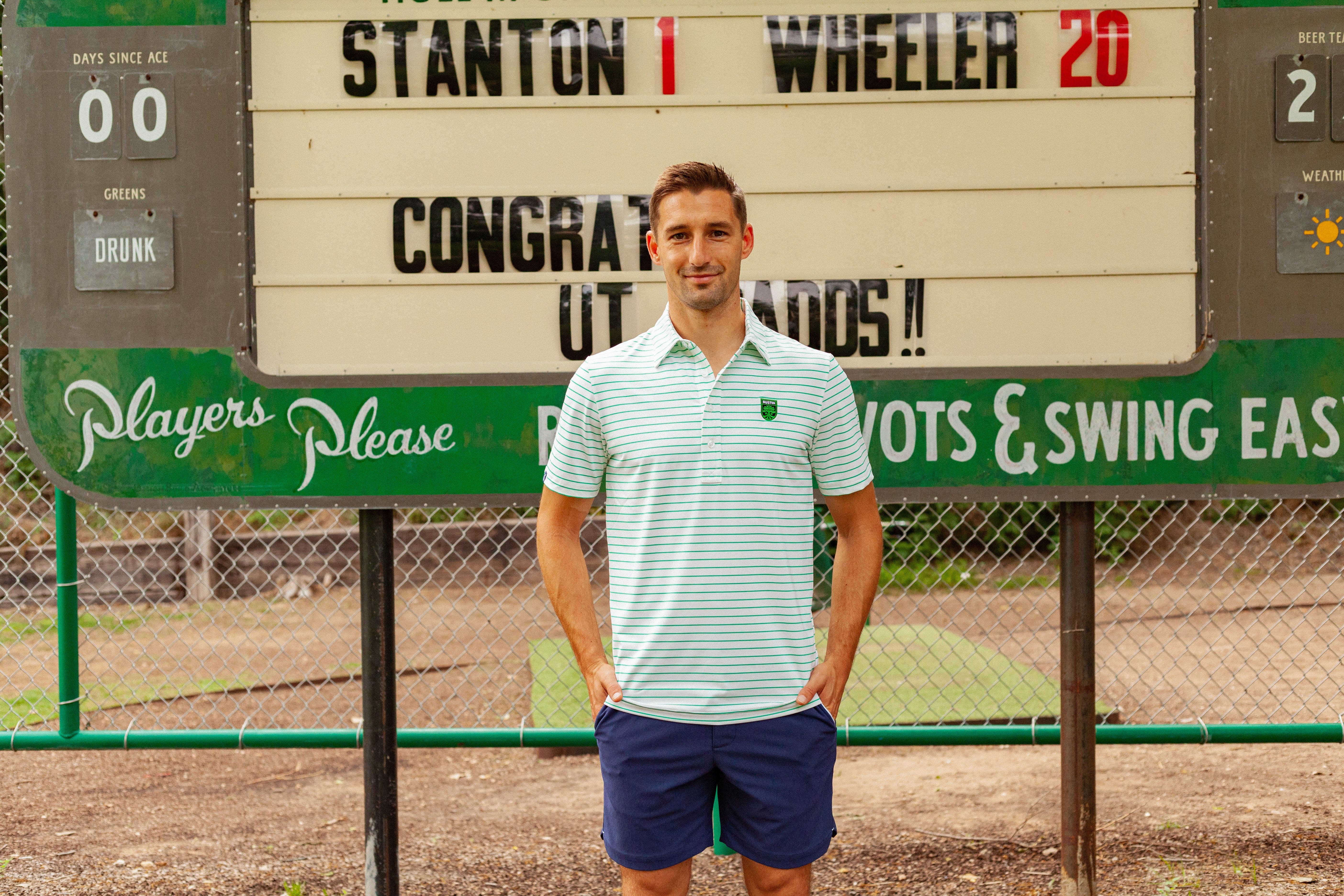 Austin FC Performance Sport Polo with Badge - White and Verde Stripe Soccer Jersey for Men | Game Day, Training & Casual Wear