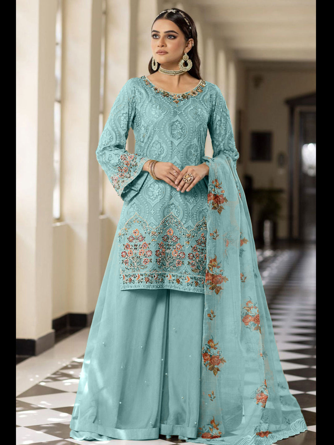 Elegant Aqua Blue Designer Heavy Semi Stitched Pant Suit with Exquisite Embroidery | Formal Wear for Weddings, Parties & Special Occasions