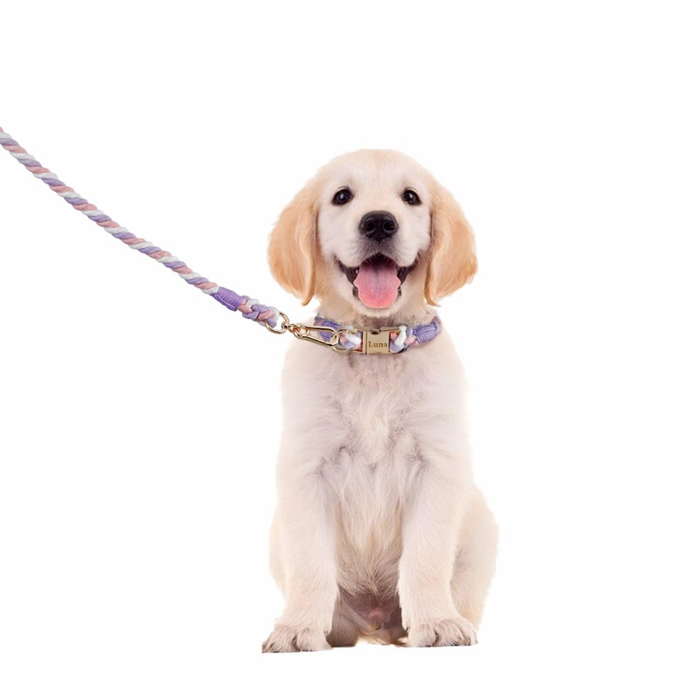 Custom Engraved Personalized Dog Collar & Leash Set - Soft Braided Cotton Rope Collar with Pet Name/Number - Adjustable for Small, Medium & Large Dogs (Unicorn Design) - Perfect for Daily Walks, Training & Gifts