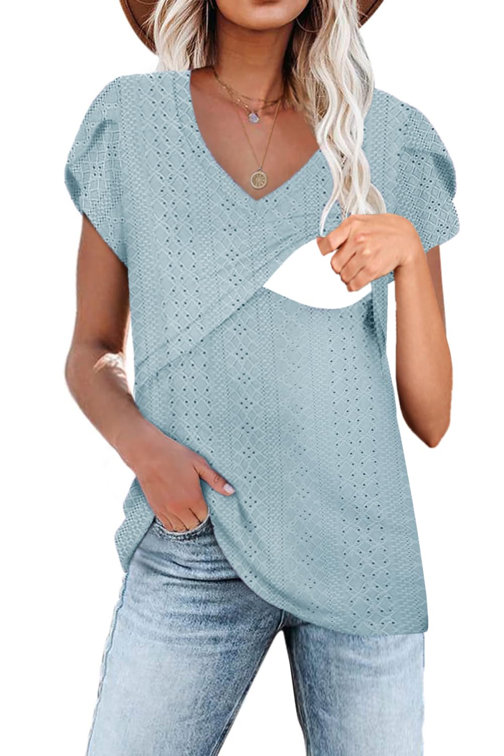 Women's V-Neck Knitted Nursing T-Shirt with Petal Sleeves - Comfortable Breastfeeding Top for Moms - Perfect for Nursing, Lounging & Everyday Wear