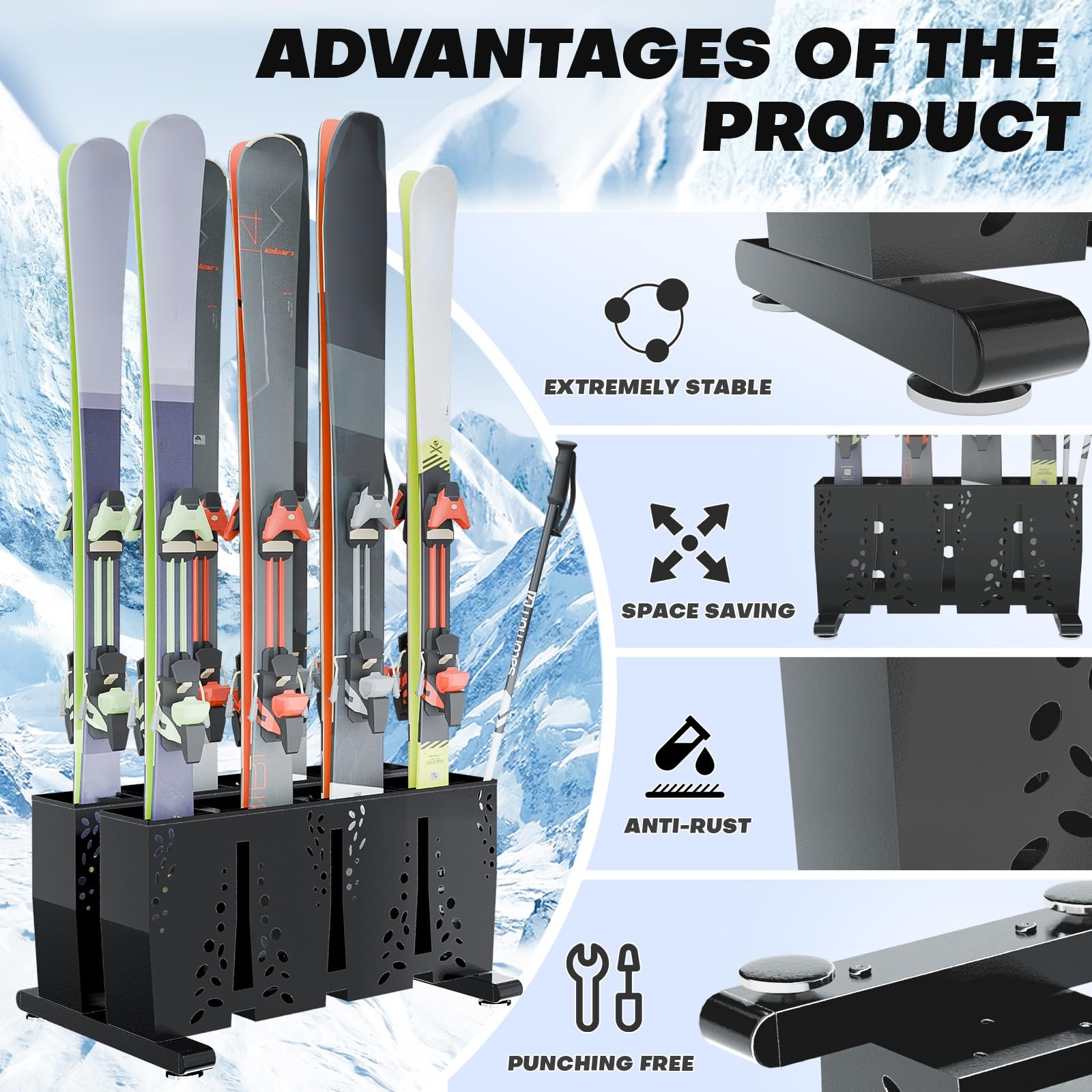 Heavy Duty 8 Pair Steel Ski Storage Rack for Garage & Home - Freestanding Ski Organizer Holder for Indoor and Outdoor Use - Perfect for Winter Sports Equipment Organization