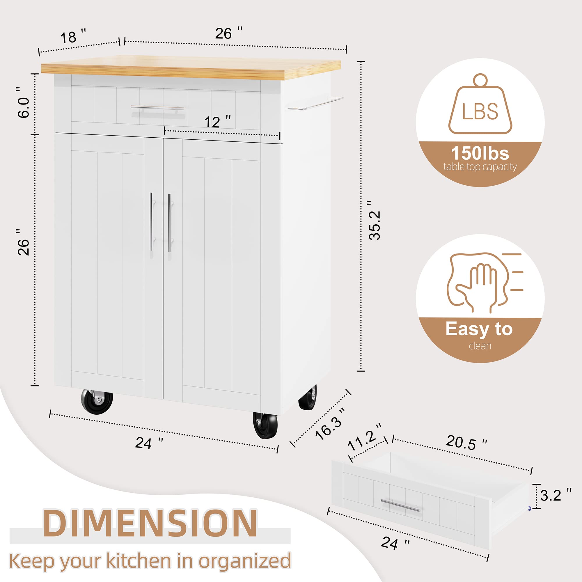 Shintenchi White Kitchen Island Cart with Storage - Rolling Side Table with Wheels, Large Worktop, Cabinet, Towel Rack & Drawers for Kitchen & Dining Room | Perfect for Meal Prep, Extra Counter Space & Small Apartment Living