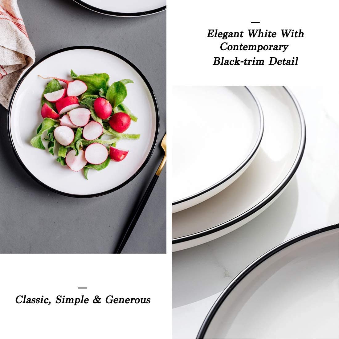 BonNoces 10 Inch Porcelain Dinner Plates Set of 6 - Elegant White with Black Edges Design, Classic Round Serving Plates for Steak, Pasta & Salad - Perfect for Fine Dining, Dinner Parties & Restaurant Use