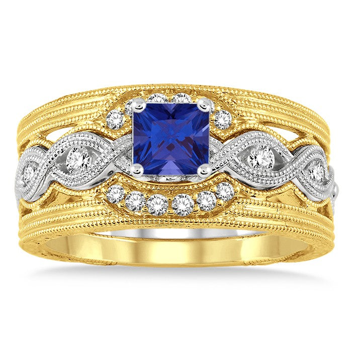 1.25 Carat Sapphire & Moissanite Vintage Trio Engagement Ring Set in 10K White & Yellow Gold - Perfect for Bridal, Wedding, Anniversary & Special Occasions