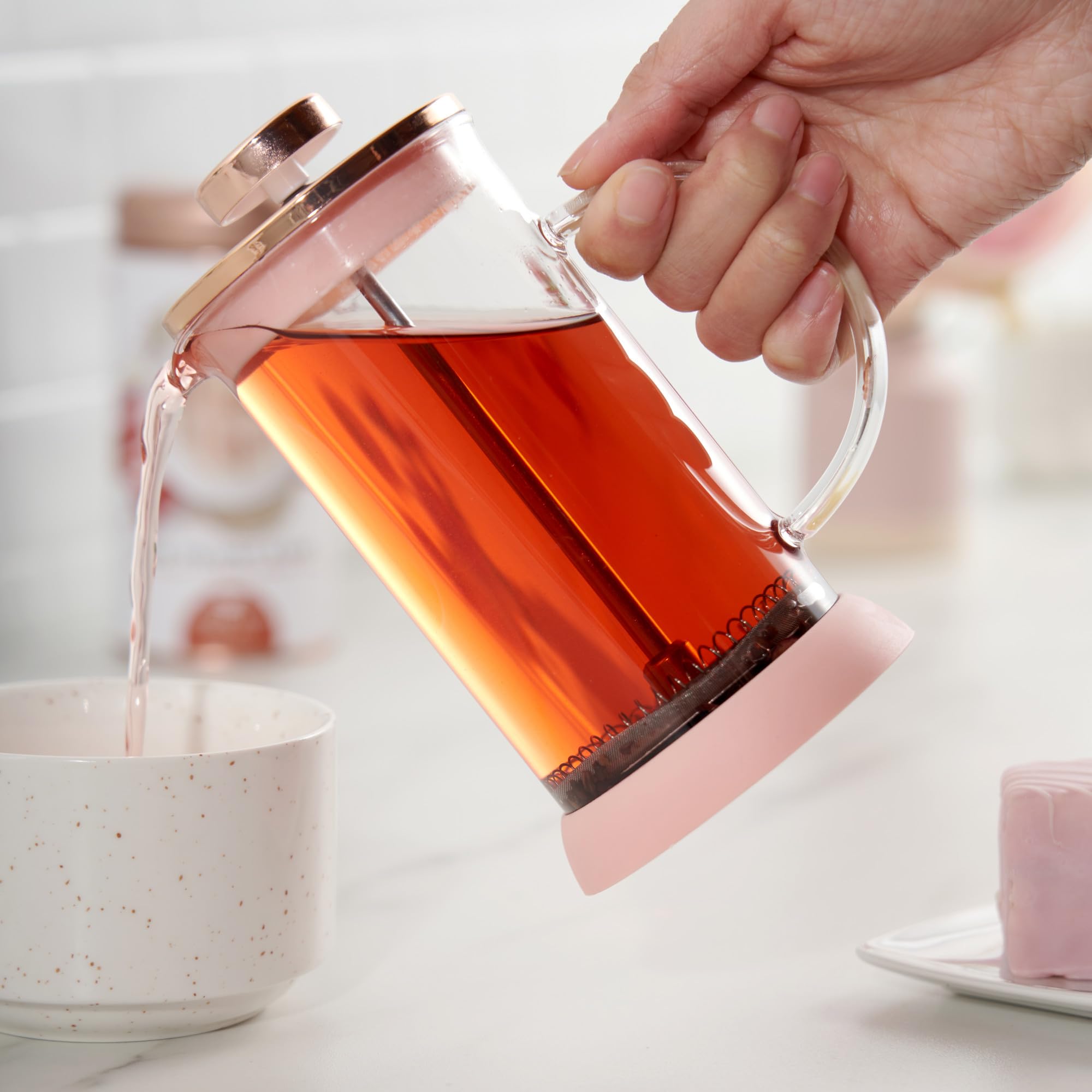 Pinky Up Riley Mini Glass Tea Press Pot - 12 oz French Press Coffee Maker for Loose Leaf Tea & Coffee - Hot & Iced Beverage Brewer in Pink - Perfect for Home, Office & Travel Use