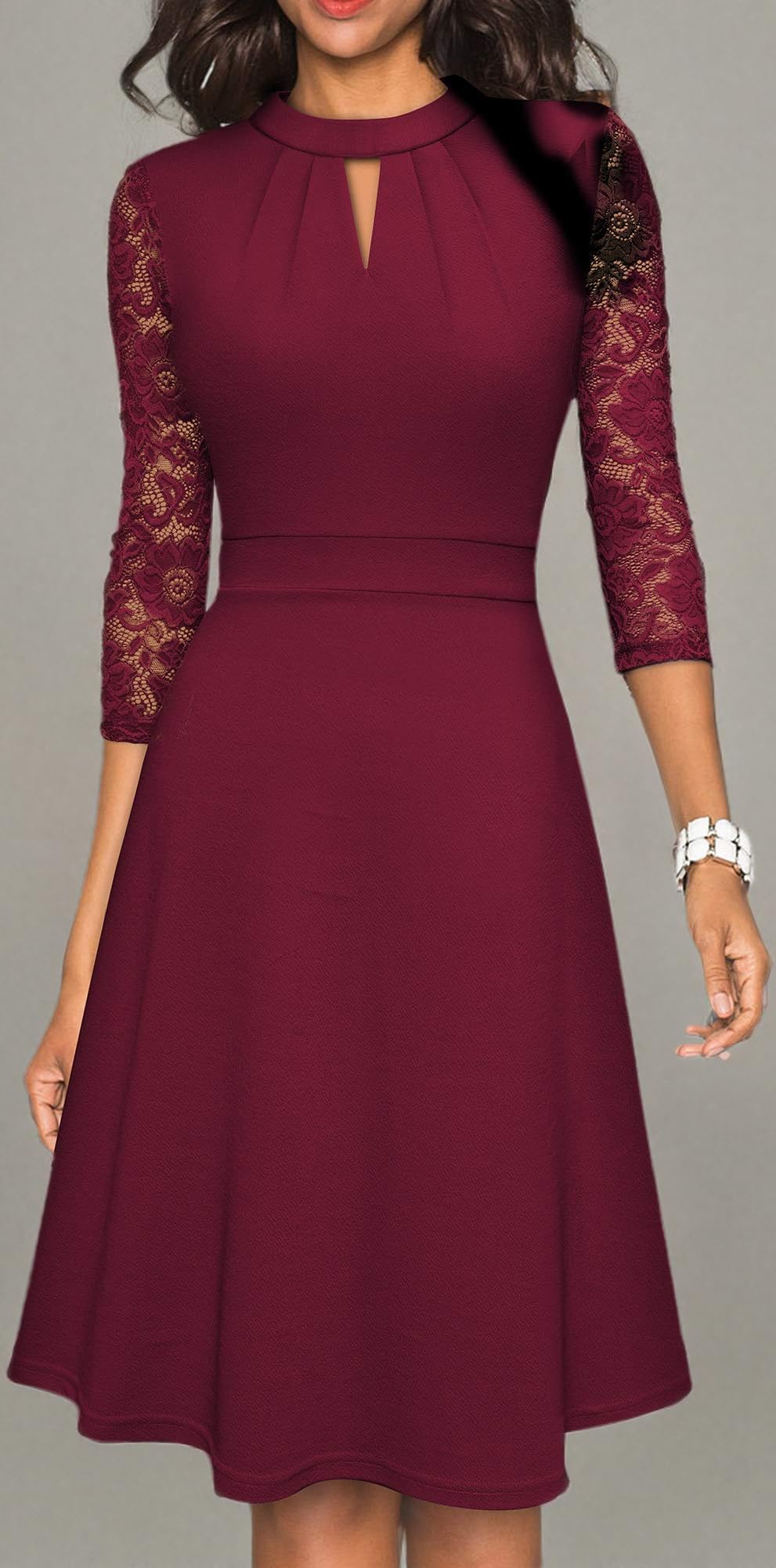 HOMEYEE Women's Vintage Lace Patchwork Party Dress - Elegant Round Neck Hollow Out Retro Dress for Evening, Cocktail, Wedding Guest & Special Occasions