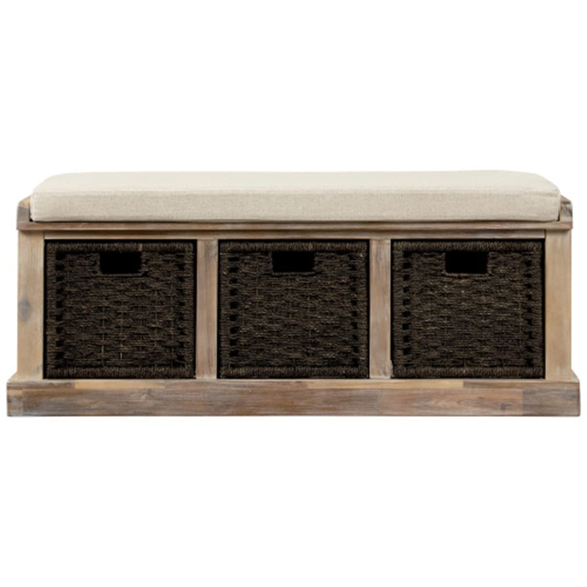 White Washed Wood Storage Bench with 3 Rattan Baskets & Removable Cushion - No Assembly Needed Entryway Bench for Hallway, Bedroom or Living Room Organization