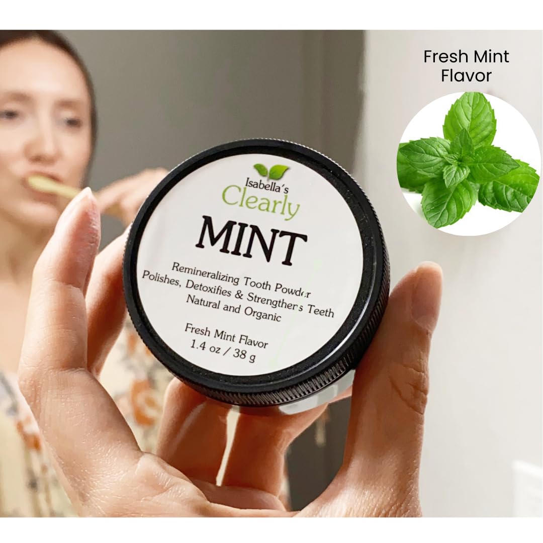 Isabella’s Clearly Remineralizing Tooth Powder - Natural Teeth Whitening Fluoride-Free Toothpaste with Xylitol, Baking Soda & Bentonite Clay for Adults & Kids - Mint Flavor for Sensitive Gums | Ideal for Daily Oral Care & Brightening Smiles