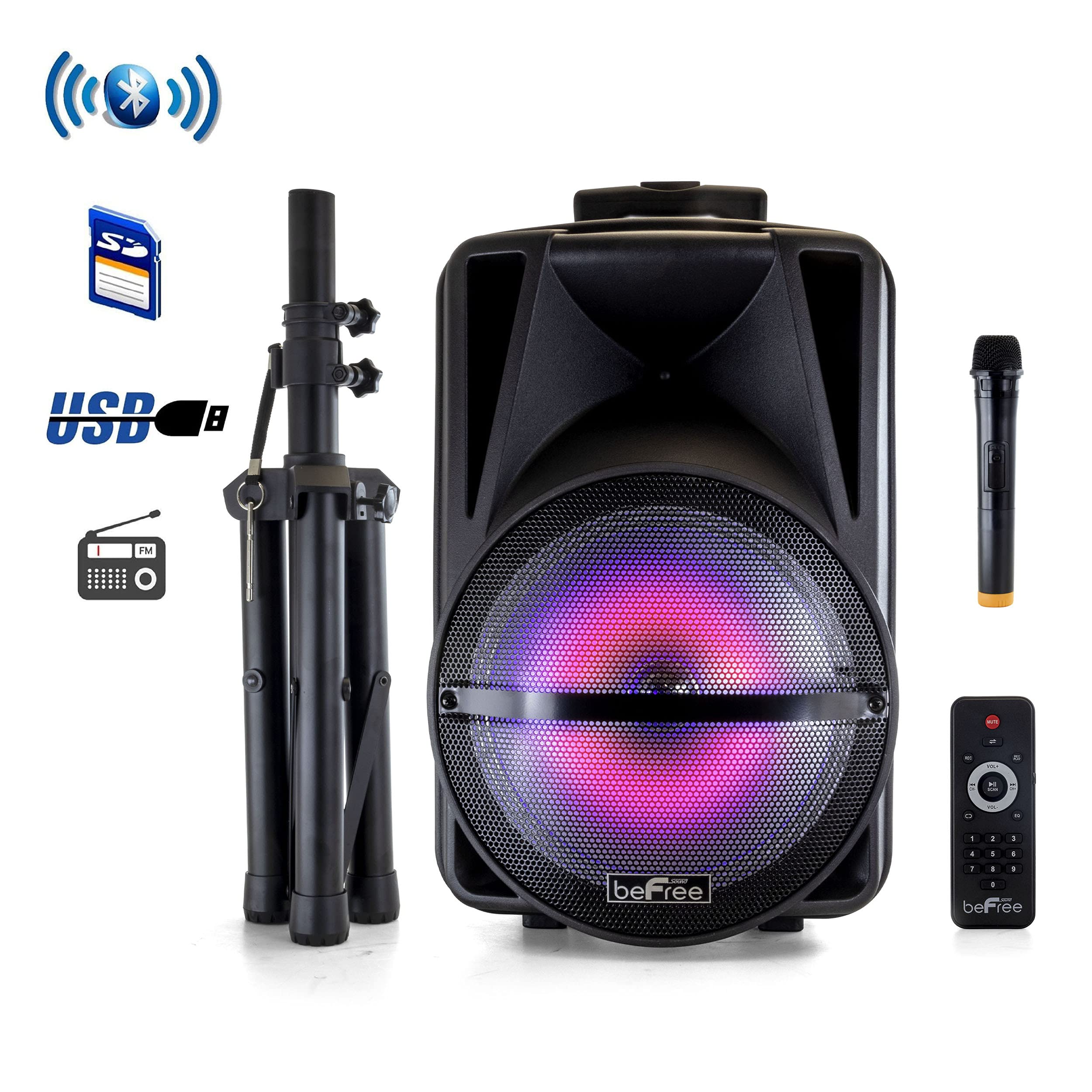 beFree Sound 12 Inch Bluetooth Portable PA Speaker with Rechargeable Battery, LED Lights & Stand - Perfect for Outdoor Parties, Events & DJ Performances