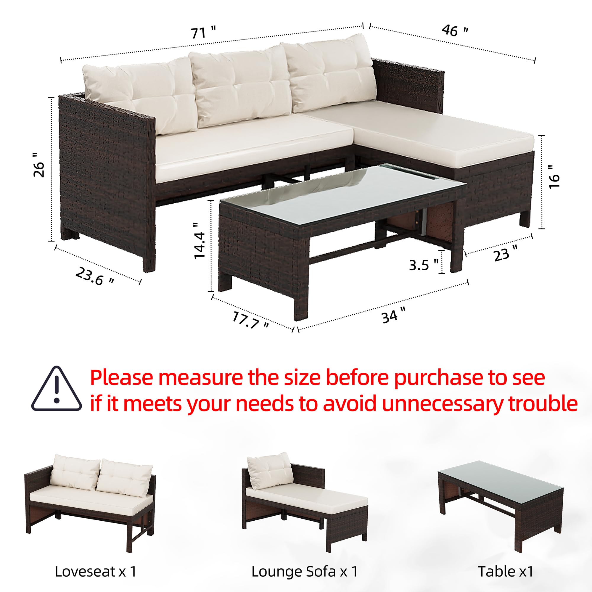 Shintenchi 3-Piece All-Weather Wicker Patio Furniture Set - Outdoor Sectional Sofa with Glass Coffee Table & Cushions (Beige) | Perfect for Backyard, Garden, Poolside & Patio Relaxation
