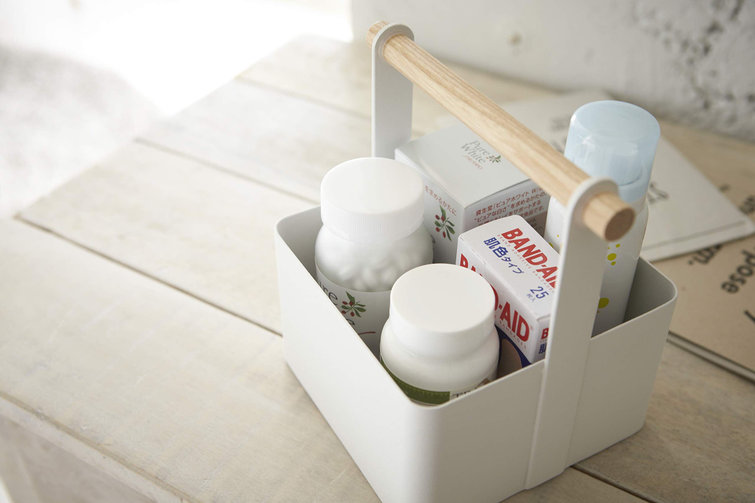YAMAZAKI Home 2507 White Storage Basket with Dual Handles - Small Wood Handle Organizer for Bathroom, Kitchen, and Closet Storage - Compact Home Organization Solution