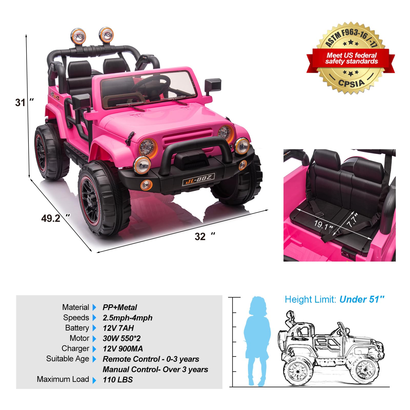 12V7AH Kids Electric Ride-On Truck with Parental Remote Control, Music, LED Lights & Spring Suspension - 2-Seater Pink Children's Car Cover | Perfect for Birthday Gifts, Outdoor Play & Backyard Fun