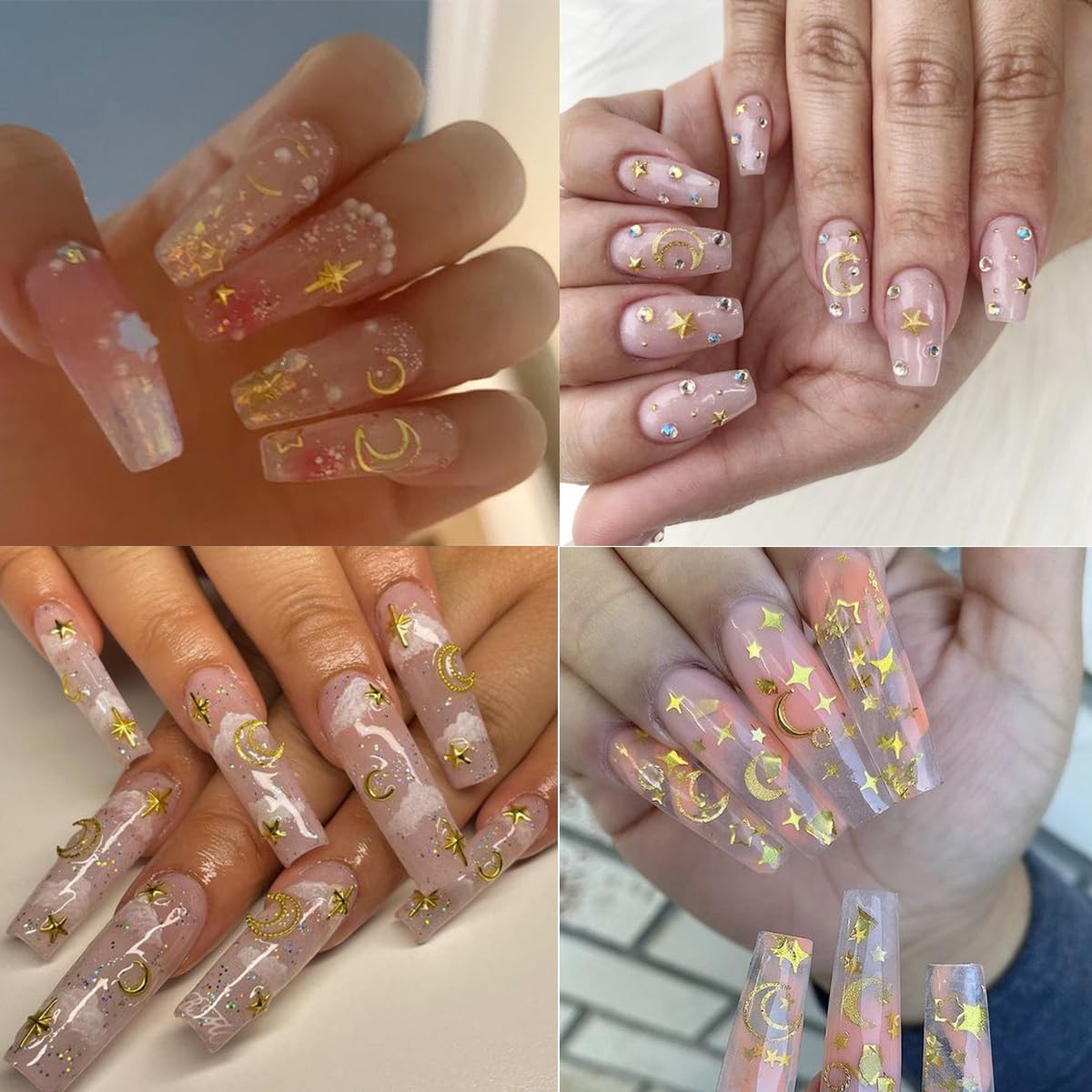1 Box 3D Gold Nail Charms - Metallic Star & Moon Studs with Rhinestones - Nail Art Decorations for Manicure, Acrylic Nails - Perfect for Women & Girls DIY Nail Art (Great for Parties, Weddings & Special Occasions)