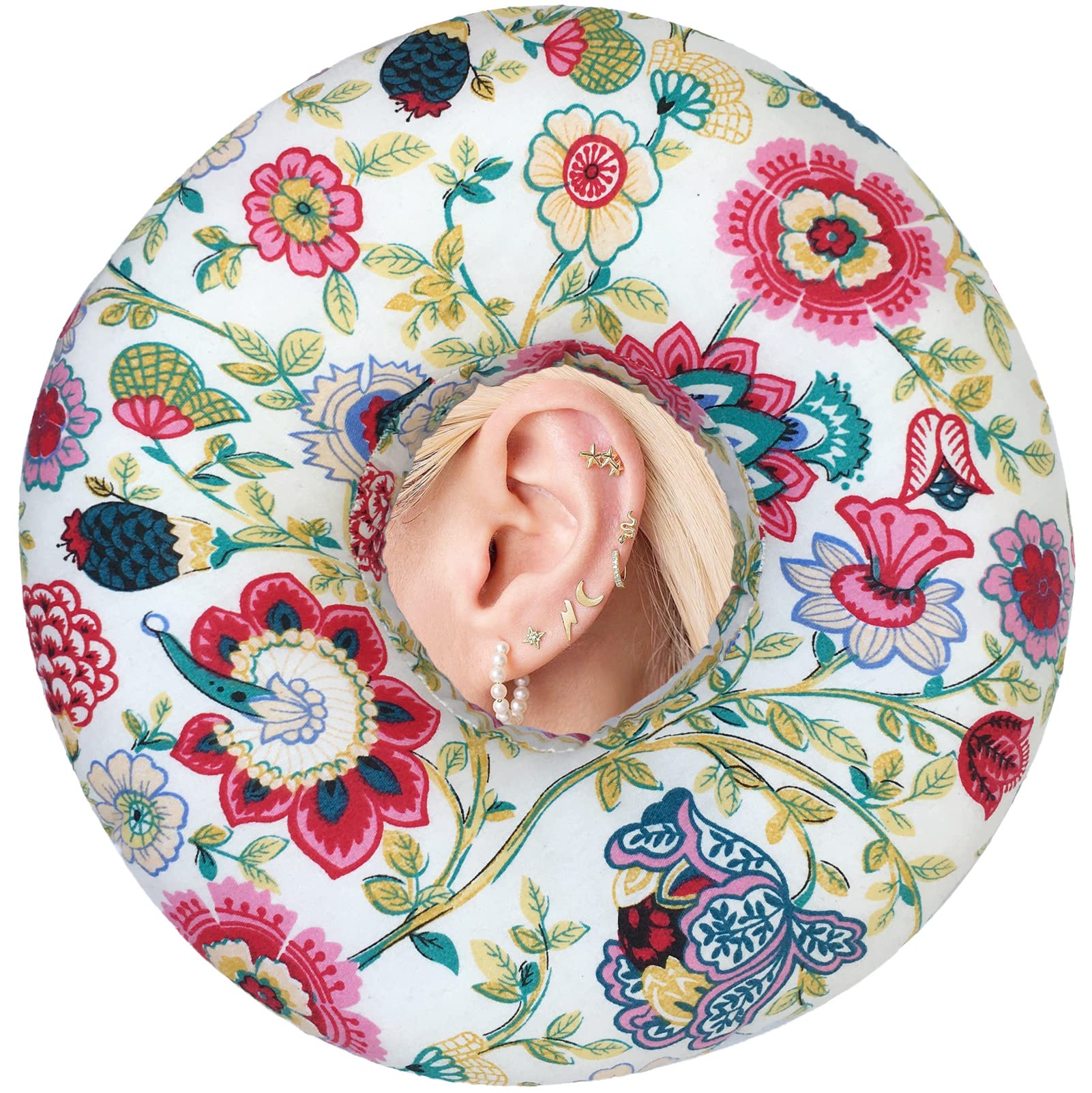 Floral Print Donut Ear Pillow with Hole - Comfortable Piercing Pillow for Ear Pain Relief, Pressure Sore Prevention & Side Sleepers - Perfect for Sleeping with Earrings or Headphones (Sunflower Design) - Ideal for Post-Piercing Care, Travel & Home Use
