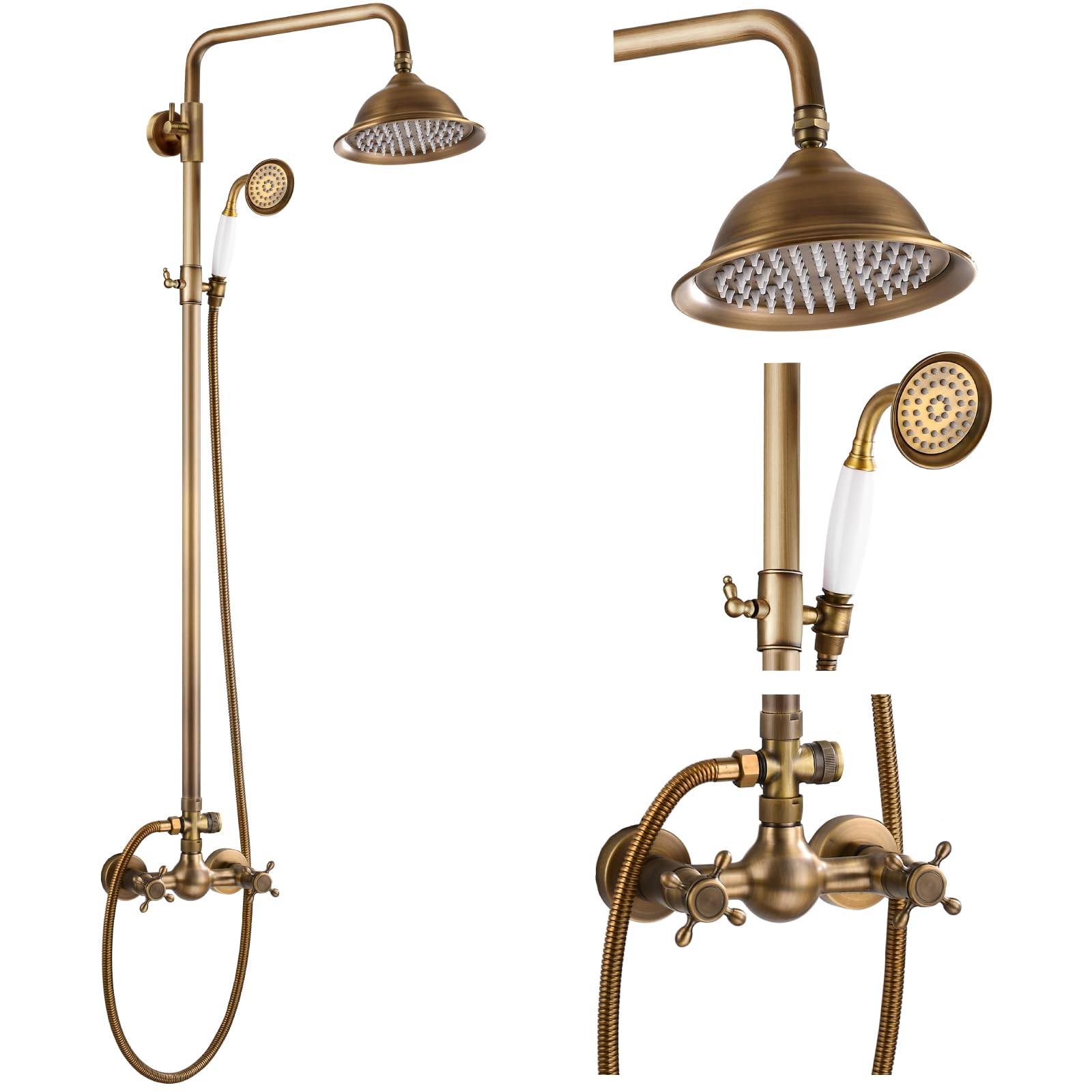 Gotonovo 8 Inch Antique Brass Shower System - Rainfall Shower Head & Handheld Spray Combo with Double Cross Handle - Wall Mount Bathroom Faucet for Luxurious Spa Experience