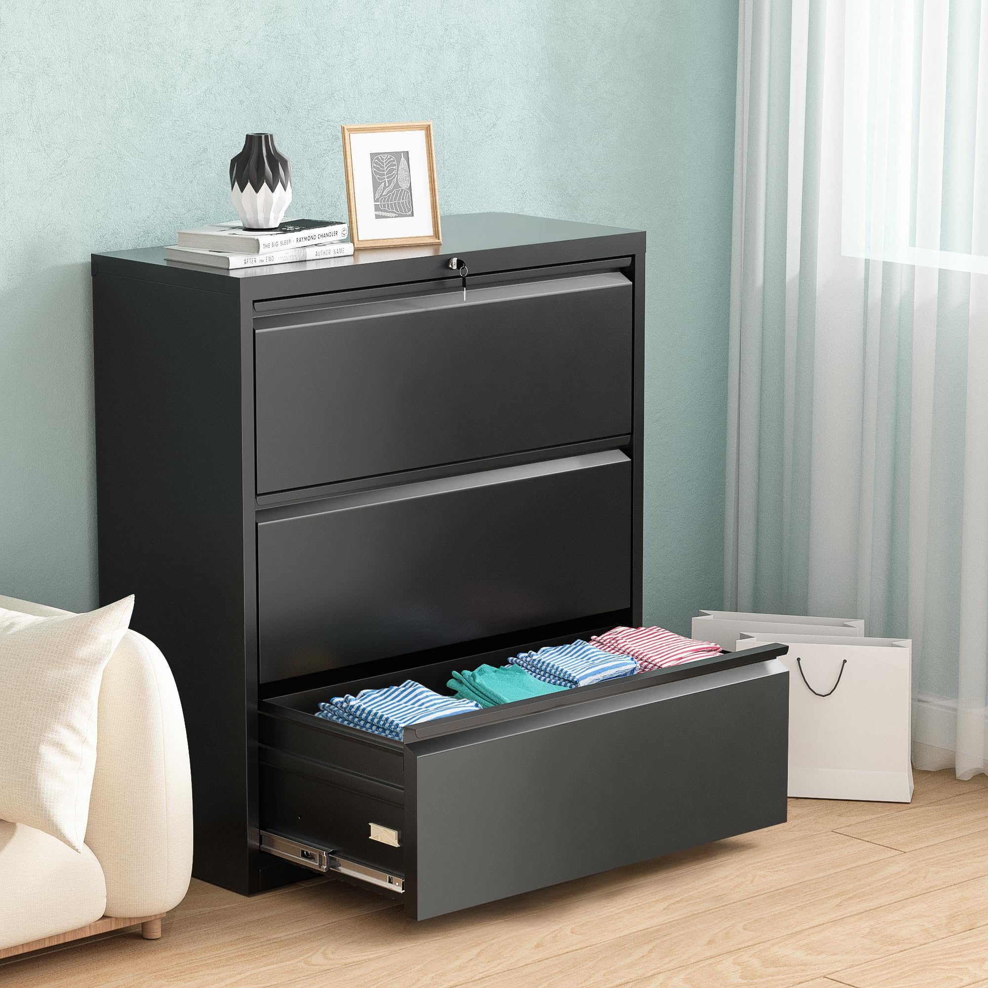 Pataku 3-Drawer Metal Lateral File Cabinet with Lock - Steel Office & Home Filing Cabinet for Letter, Legal, F4 & A4 Hanging Files - Wide Storage Organization Solution for Documents, Records & Office Supplies (Black)
