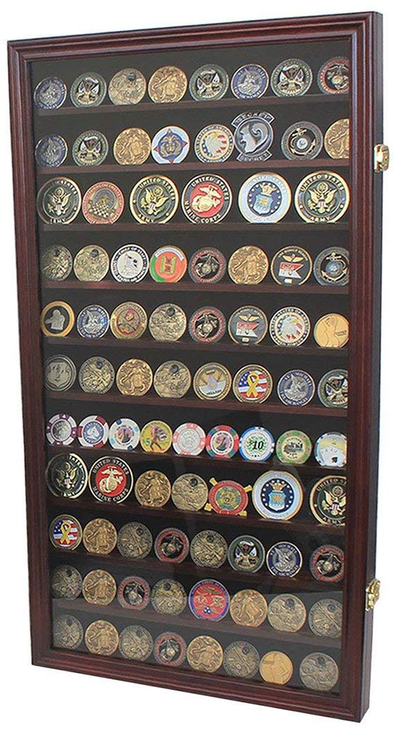 Military Challenge Coin Display Case - Large Wooden Cabinet for Poker Chips & Geo Coins - Mahogany Finish - Perfect for Collectors, Veterans & Home Office Decor