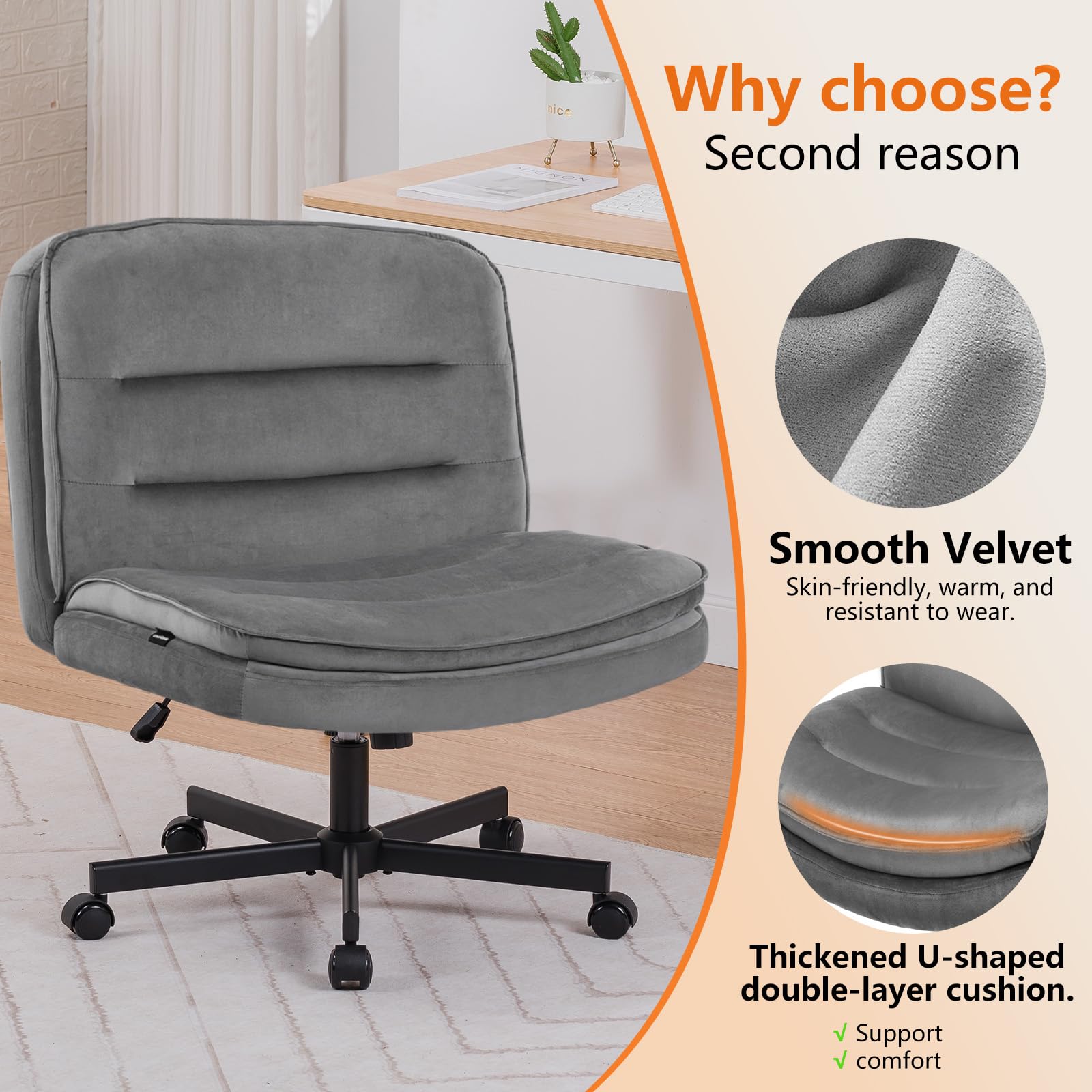 Criss Cross Legged Office Chair with Wheels - Armless Swivel Desk Chair, Wide Seat & Height Adjustable Mid Back - Perfect for Home Office, Computer Work & Vanity Desks