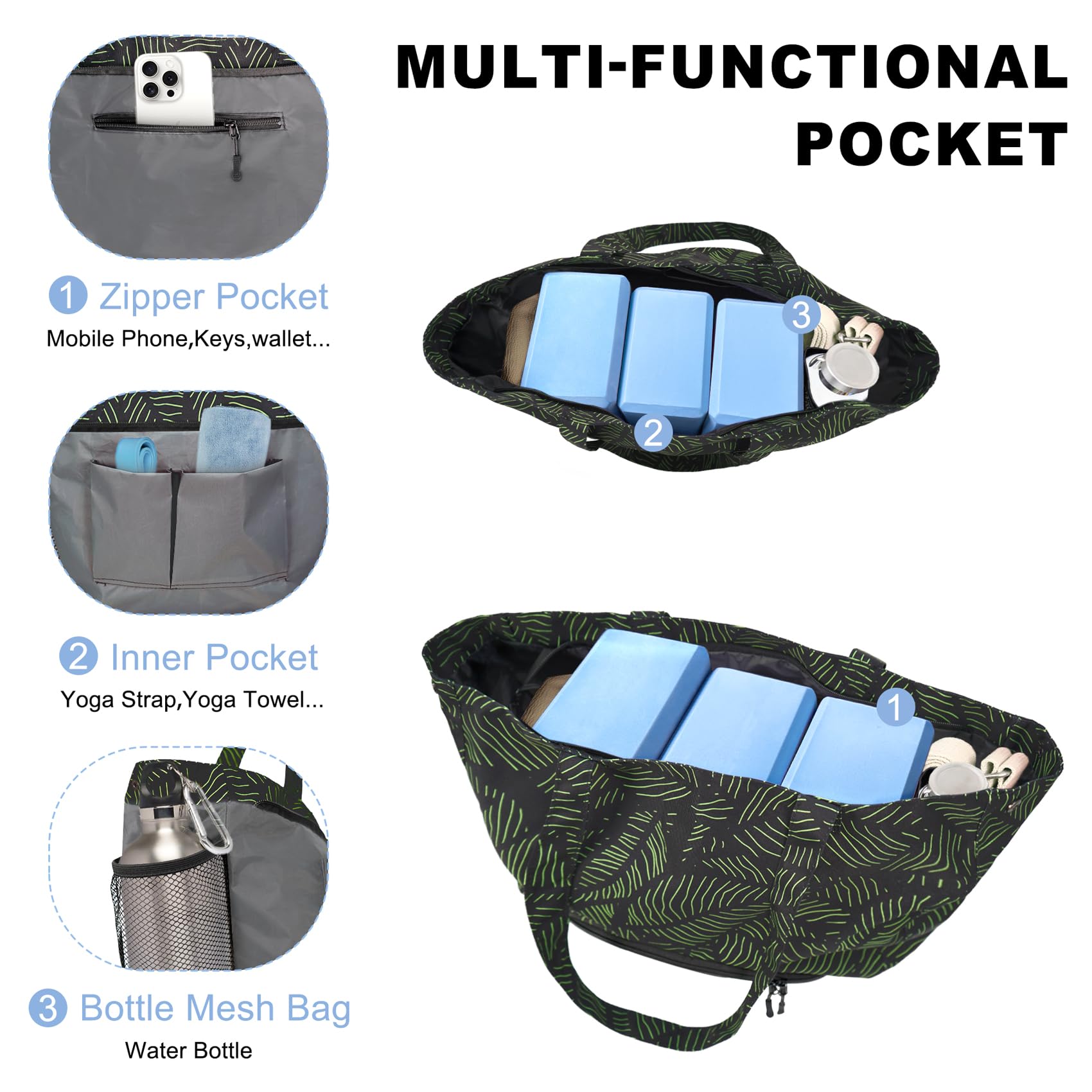 Explore Land Yoga Bags for Women - Large Pocket Pilates Tote Bag for Gym, Beach & Workout - Fits Water Bottles & All Size Mats - Perfect for Yoga, Pilates, Travel & Fitness Activities