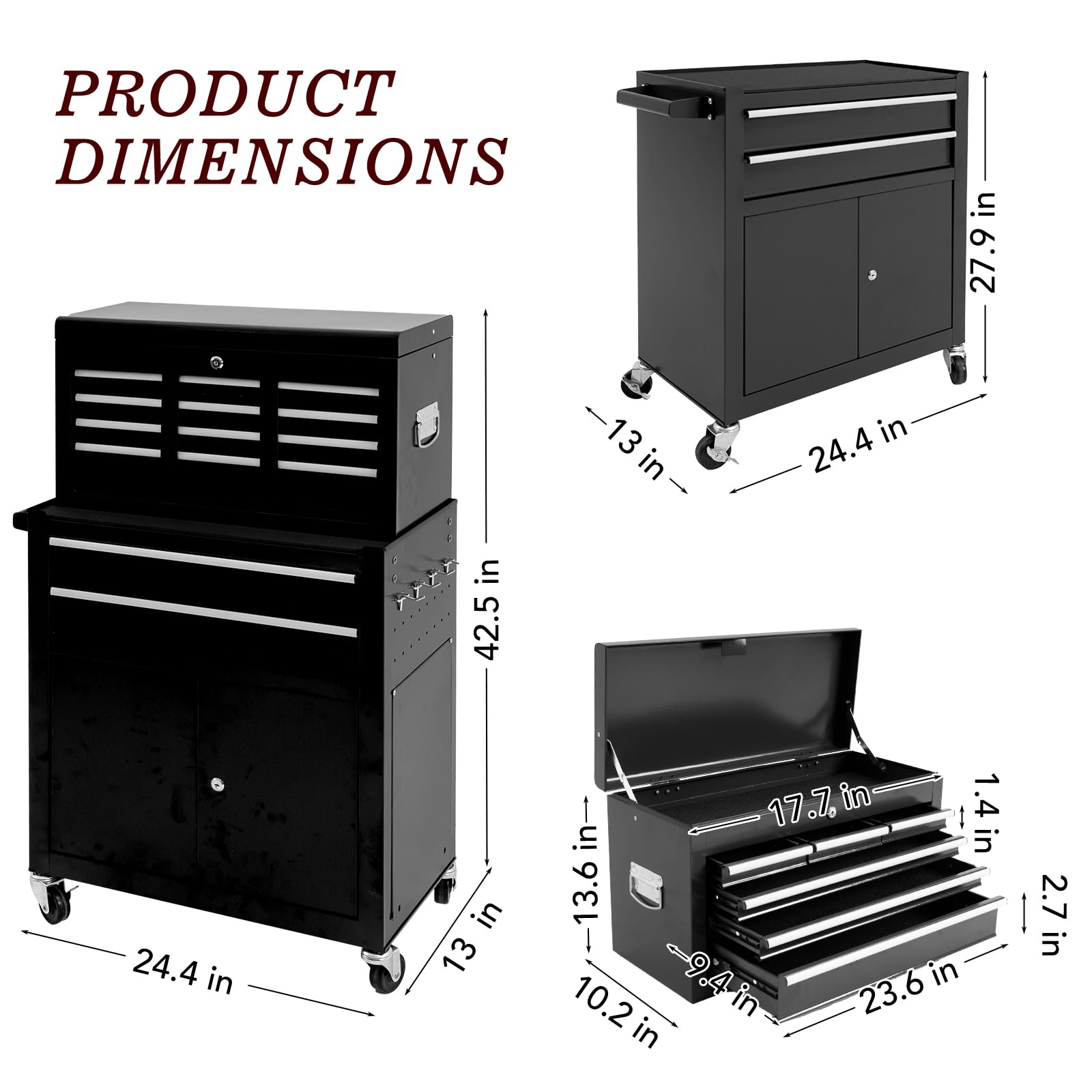 WAYTRIM 8-Drawer Rolling Tool Chest with Wheels & Lock - Heavy Duty Tool Storage Cabinet with Detachable Organizer, Side Hooks & Drawer Liners - Secure Tool Box Organizer for Garage, Workshop & Auto Repair - Perfect for Professional Mechanics & DIY Home Improvement Projects