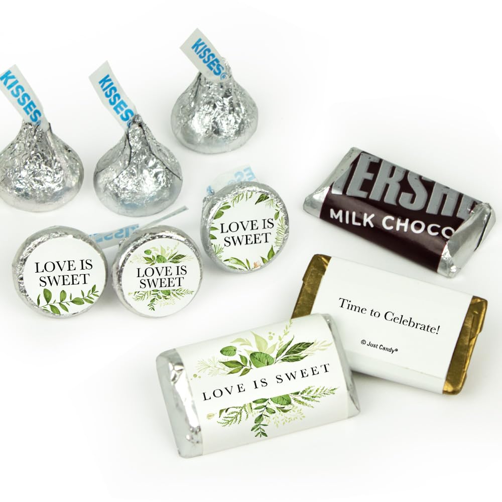 Bulk Wedding Candy Party Favors - 100 Milk Chocolate Kisses & 40 Wrapped Miniatures - Botanical Theme Chocolate for Wedding, Bridal Shower & Birthday Celebrations