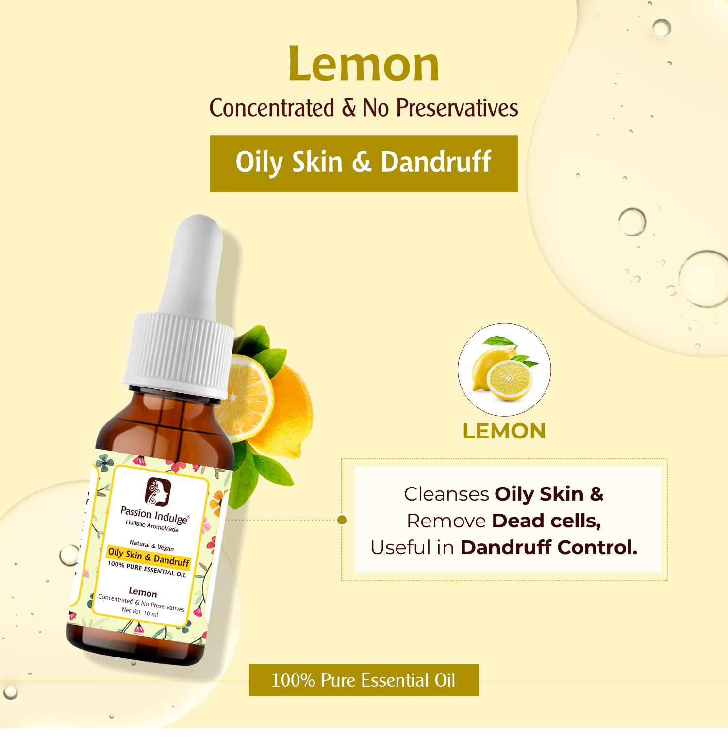 Passion Indulge 100% Pure Lemon Essential Oil for Acne & Pimple Treatment - Oily Skin Care, Dry Hair & Dandruff Solution - 10ml Natural Aromatherapy Oil for Diffusers, Massage & DIY Beauty