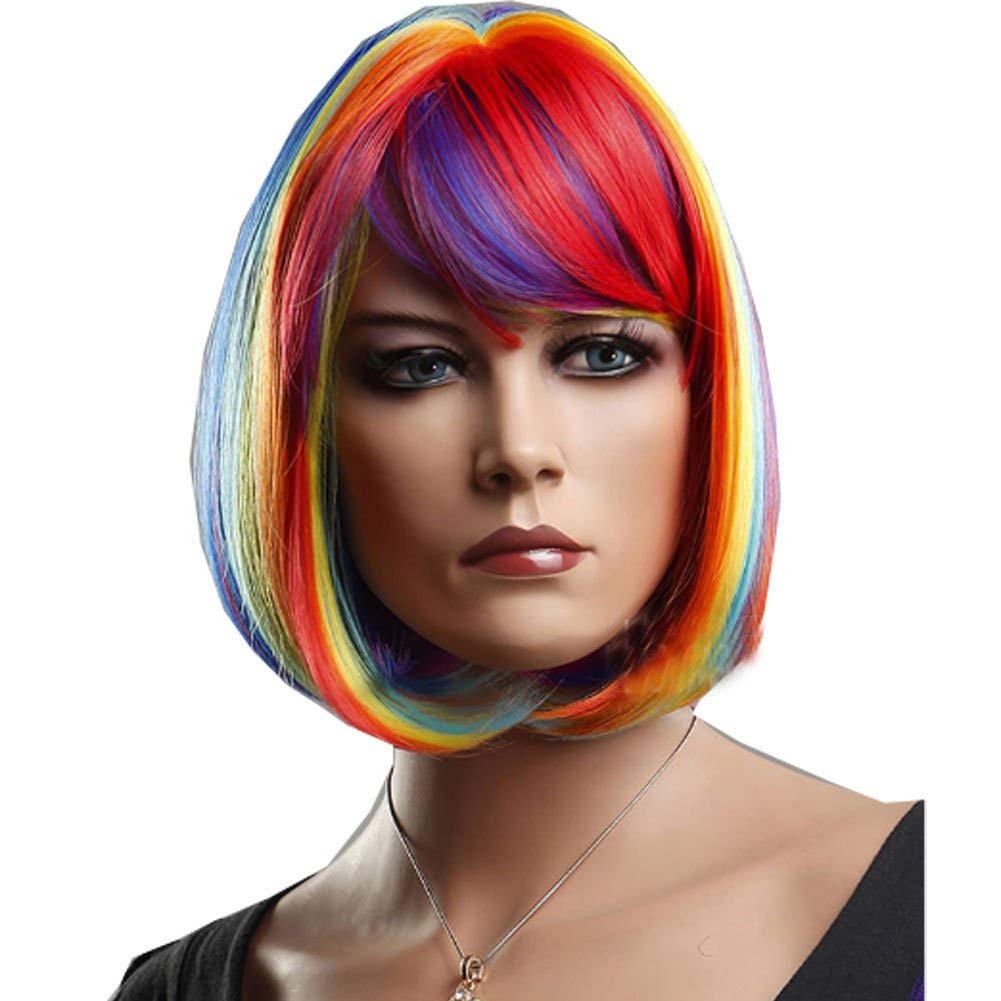 GAOFQ Colorful Fashion Rainbow BOB Women's Cosplay Wig - Celebrity Style Synthetic Hairpiece for Halloween, Costume Parties & Anime Conventions