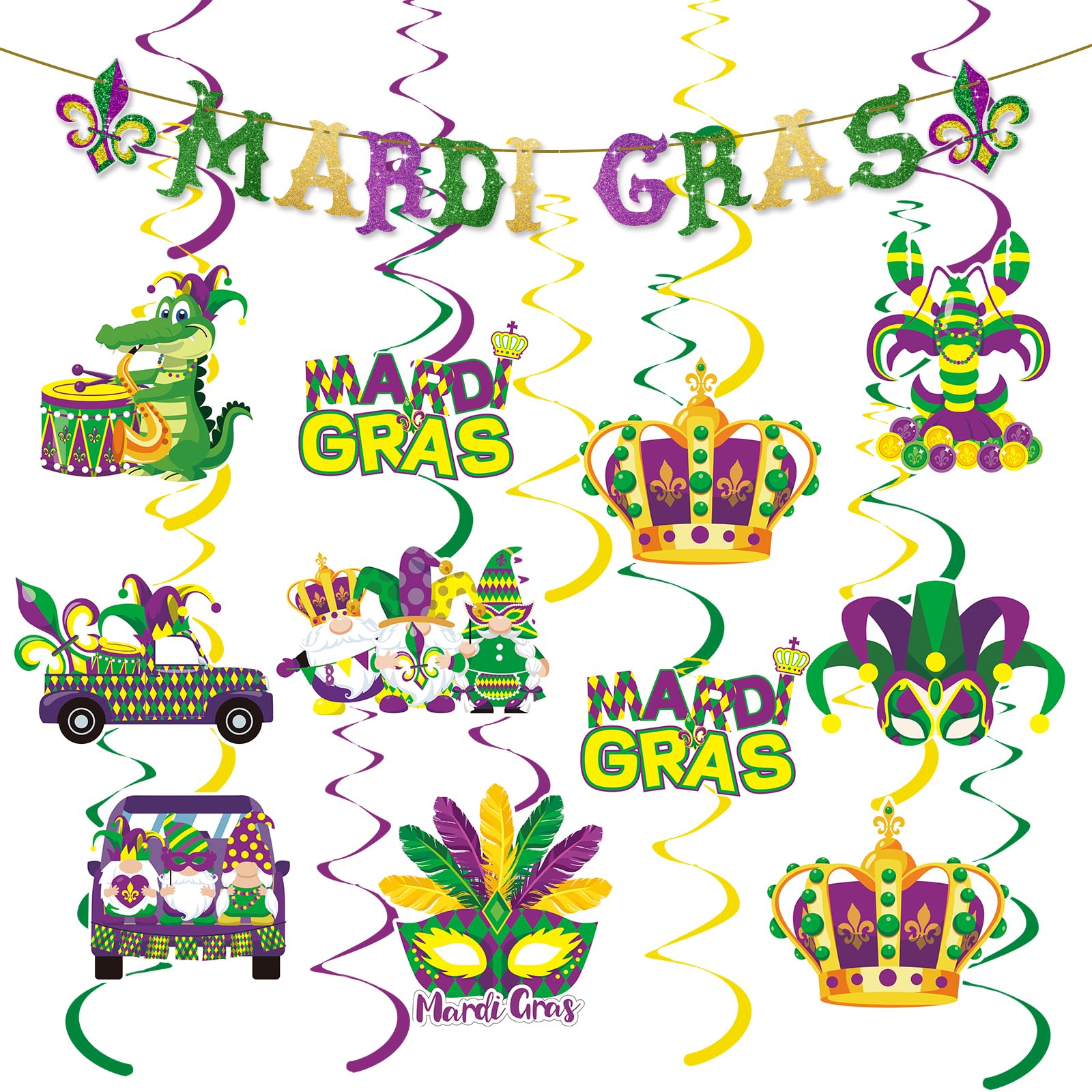 Glitter Mardi Gras Banner & Hanging Swirls Streamers - Pre-Assembled Carnival Party Decorations for Masquerade, New Orleans Holiday & Festive Celebrations - Perfect for Home, Office, and Event Decorations