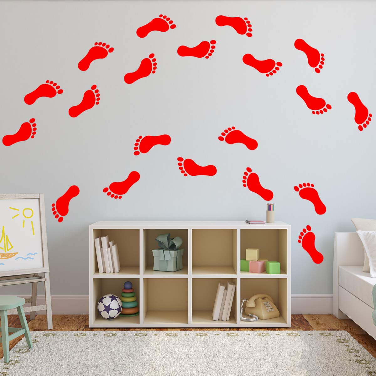 VWAQ Footprint Vinyl Decals - 20 Pack Peel and Stick Wall & Floor Stickers for Home Decor - Red - Perfect for Kids Rooms, Playrooms, and Nursery Wall Art