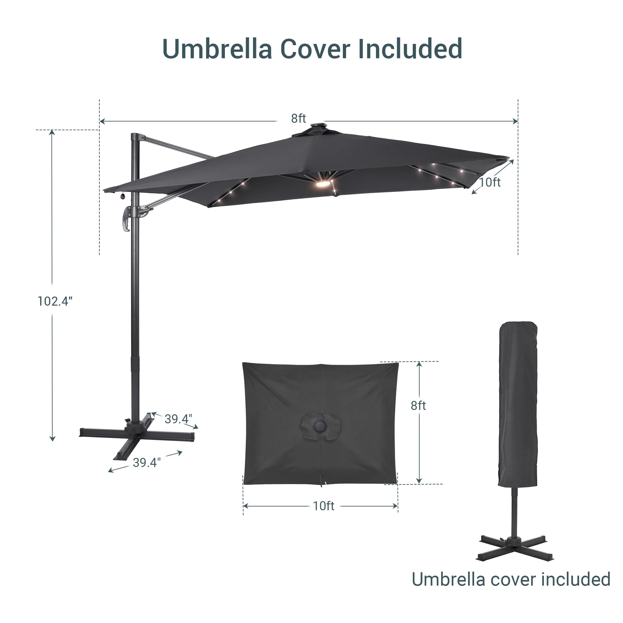 FLAME&SHADE 10x8FT Outdoor Cantilever Patio Umbrella with Solar LED Lights - 360° Rotating Aluminum Offset Square Sun Shade for Pool, Backyard, Garden - Perfect for Outdoor Dining, Lounging & Entertaining