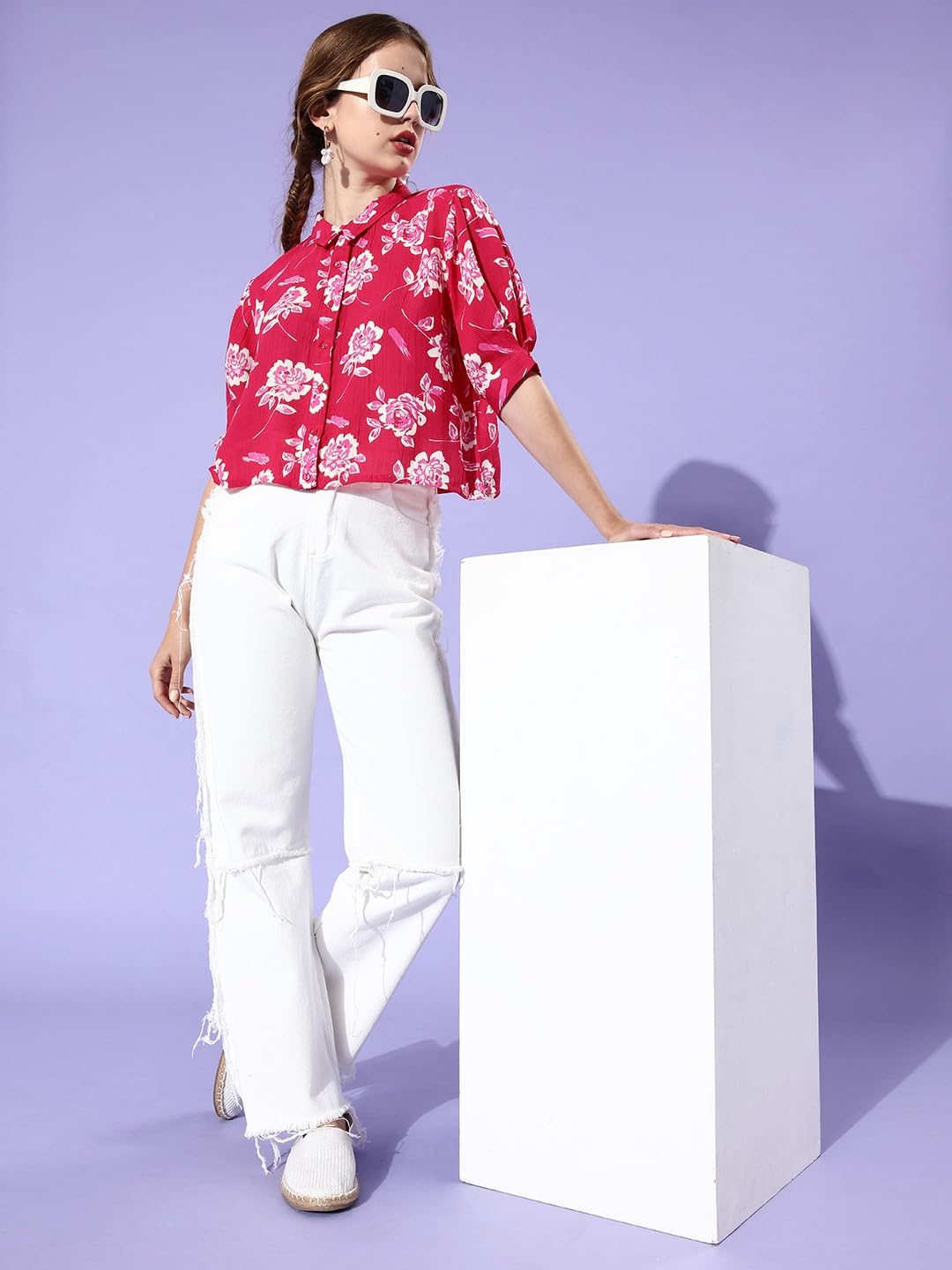ALL YOURS Women's Slim Fit Floral Print Casual Shirt - Pink & White Cotton Blouse for Everyday Wear | Office, Date Night & Spring Outfits