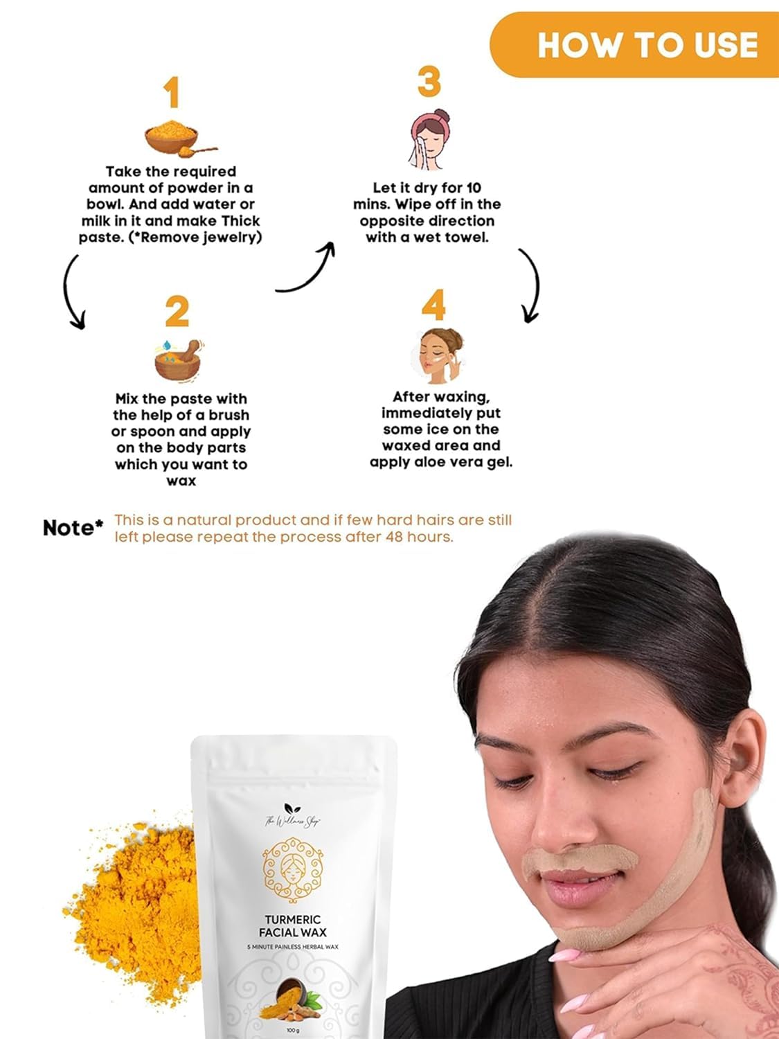 Turmeric Wax Powder for Hair Removal - Painless Facial & Leg Waxing Kit, 100g | Easy At-Home Use for Smooth Skin | Perfect for DIY Spa Days & Quick Hair Removal