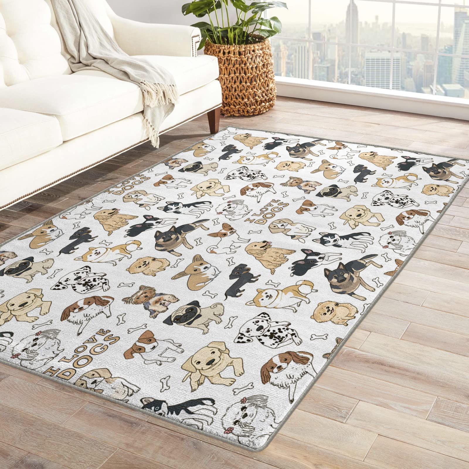5x7 ft Cute Puppy Dog Area Rug - Soft Non-Slip Washable Indoor Carpet for Bedroom, Living Room & Kids Room Decor | Kawaii Animal Print Floor Mat for Home, Nursery & Playroom
