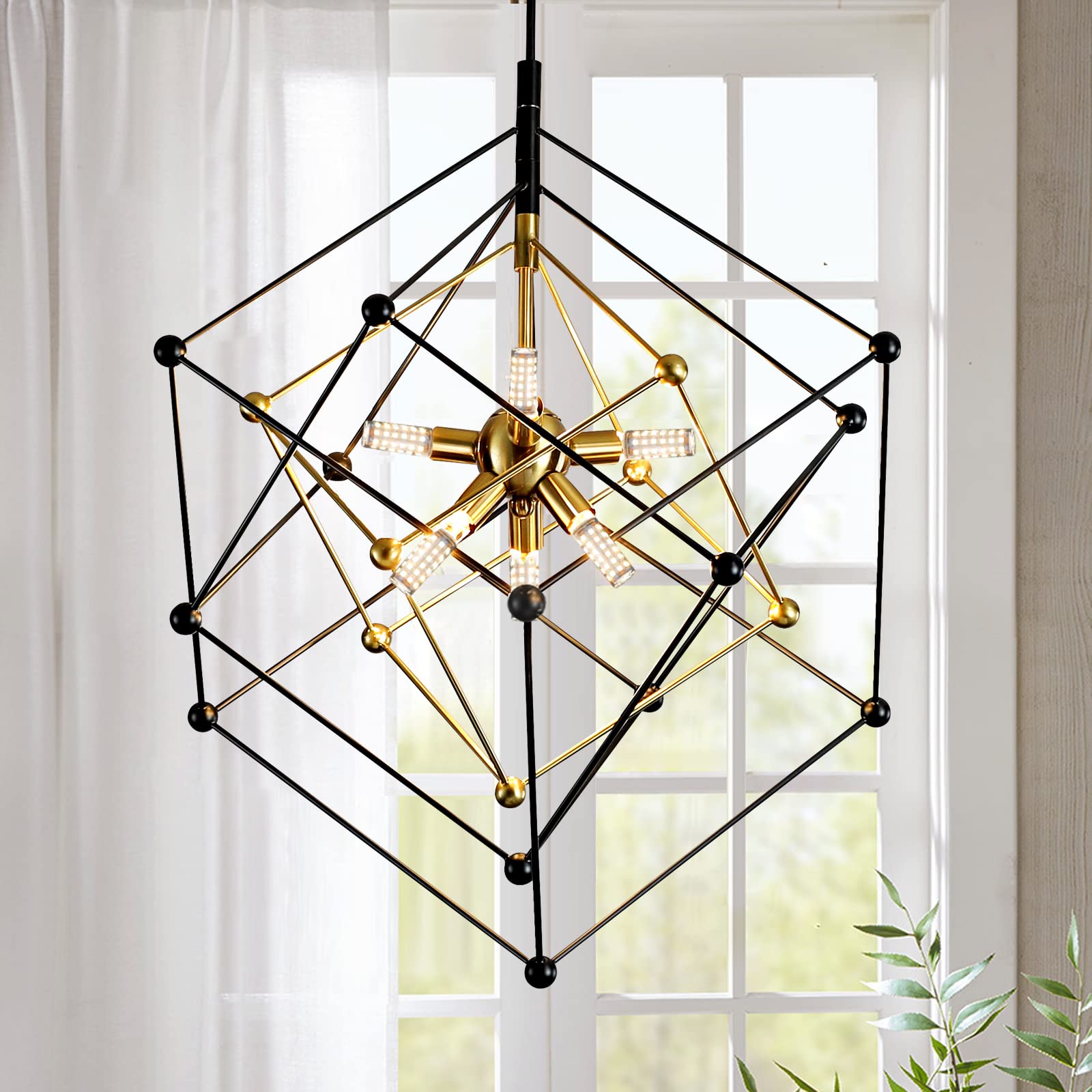 HuixuTe 6-Light Mid Century Modern Black and Gold Chandelier - Adjustable Height Geometric Pendant Light Fixture for Dining Room, Living Room, Entryway | Perfect for Vintage Home Decor, Wedding Venues & Restaurant Lighting
