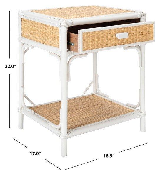 Natural Bamboo & Rattan Nightstand with Drawer - White Wooden Bedside Table for Bedroom, Living Room, or Nursery Storage