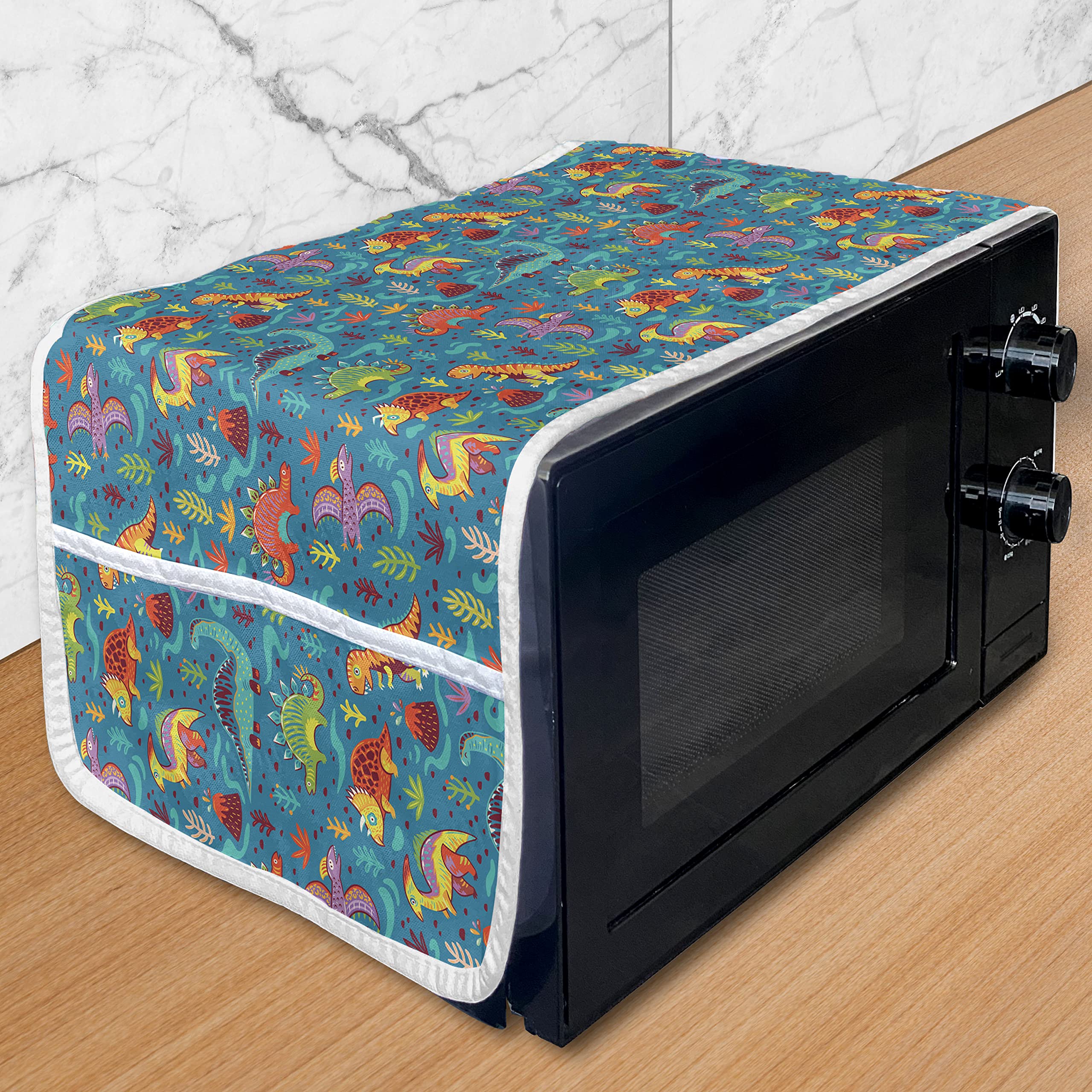 Ambesonne Dinosaur Themed Microwave Cover - Cartoon Style Prehistoric Illustration with Plants & Volcanoes - Waterproof Kitchen Organizer with Pockets - 36