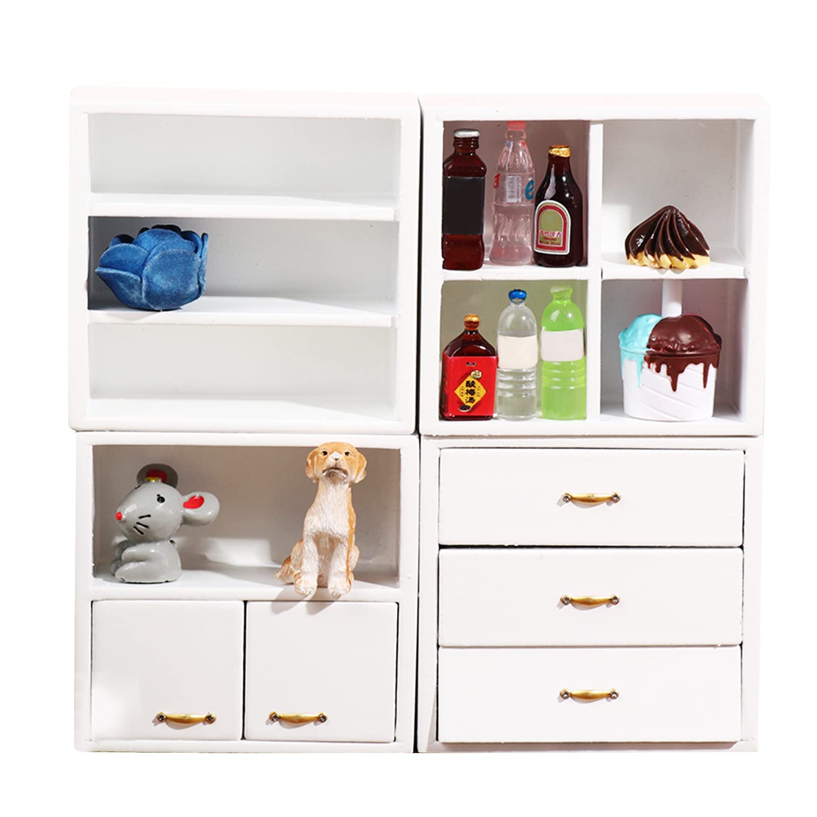 1:12 Scale Dollhouse Miniature Furniture Set - 4 Piece Wooden Cabinet, Cupboard, Closet & Bookshelf for Living Room & Bedroom Decor | White | Perfect for Dollhouse Display, Collectors & DIY Miniature Projects