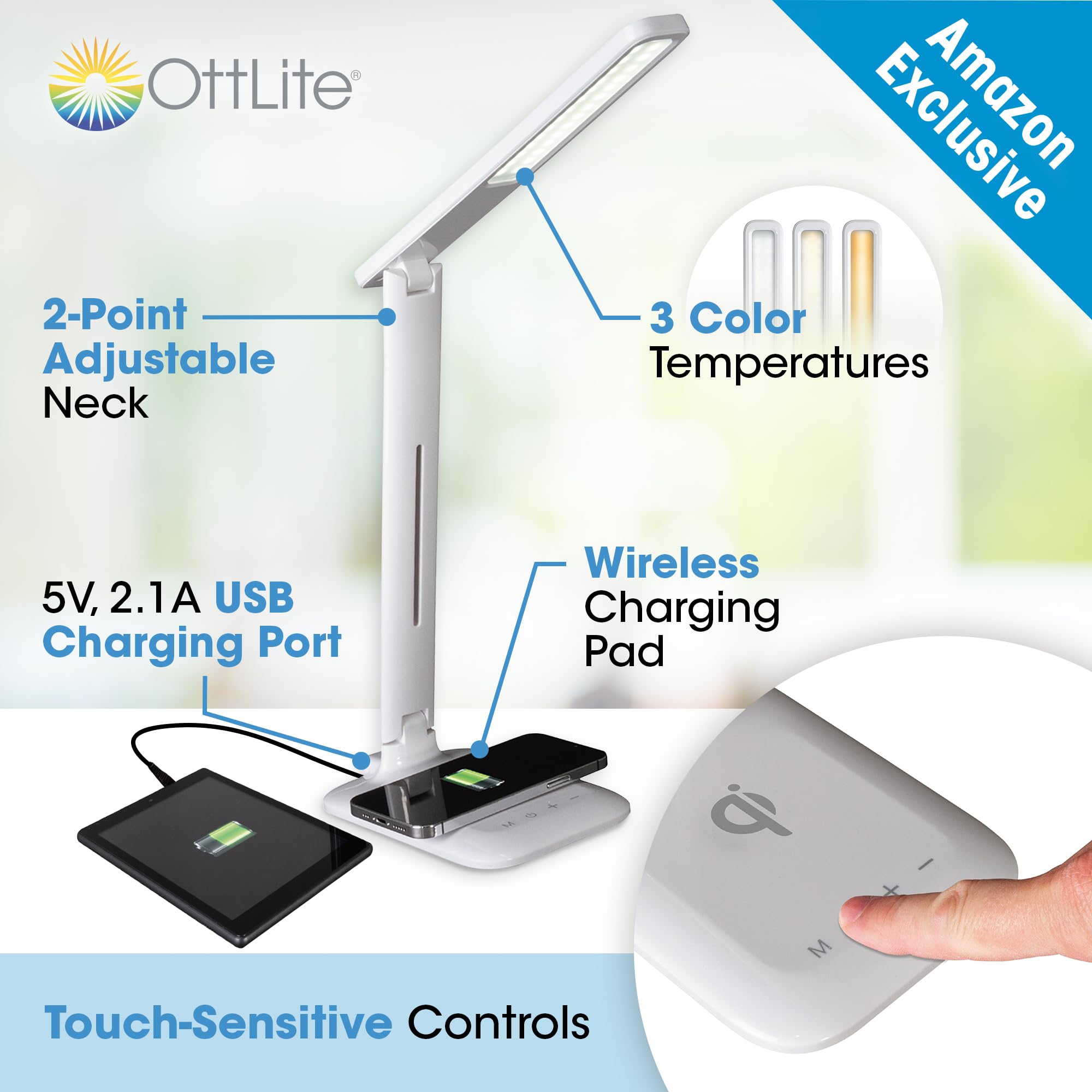 OttLite Charge Up LED Desk Lamp with Wireless Qi Charging & USB Port | ClearSun LED Technology | Adjustable Neck & 3 Color Modes | Eye Strain Relief | Perfect for Home Office, Study & Travel Workspaces