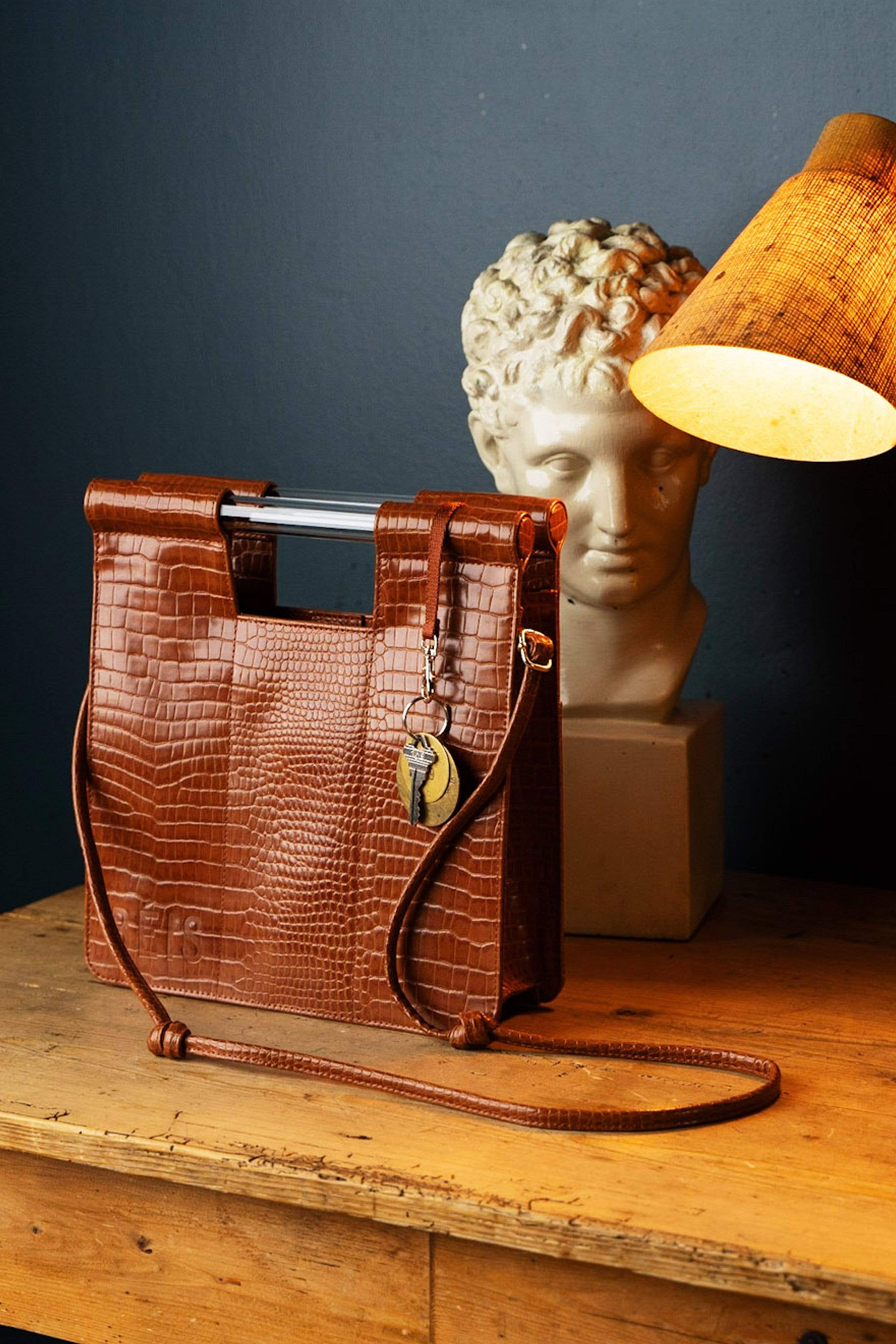 Premium Genuine Leather Crossbody Bag in Elegant Cognac Crocodile Print - Stylish & Functional for Work, Travel & Everyday Use