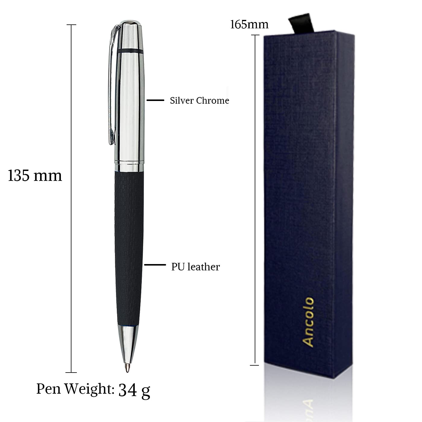 Ancolo Engraved Silver Chrome Ballpoint Pen - Premium Luxury Pen with PU Leather, Custom Name & Message, Executive Gift Set for Men & Women - Perfect for Office, Business Meetings & Special Occasions