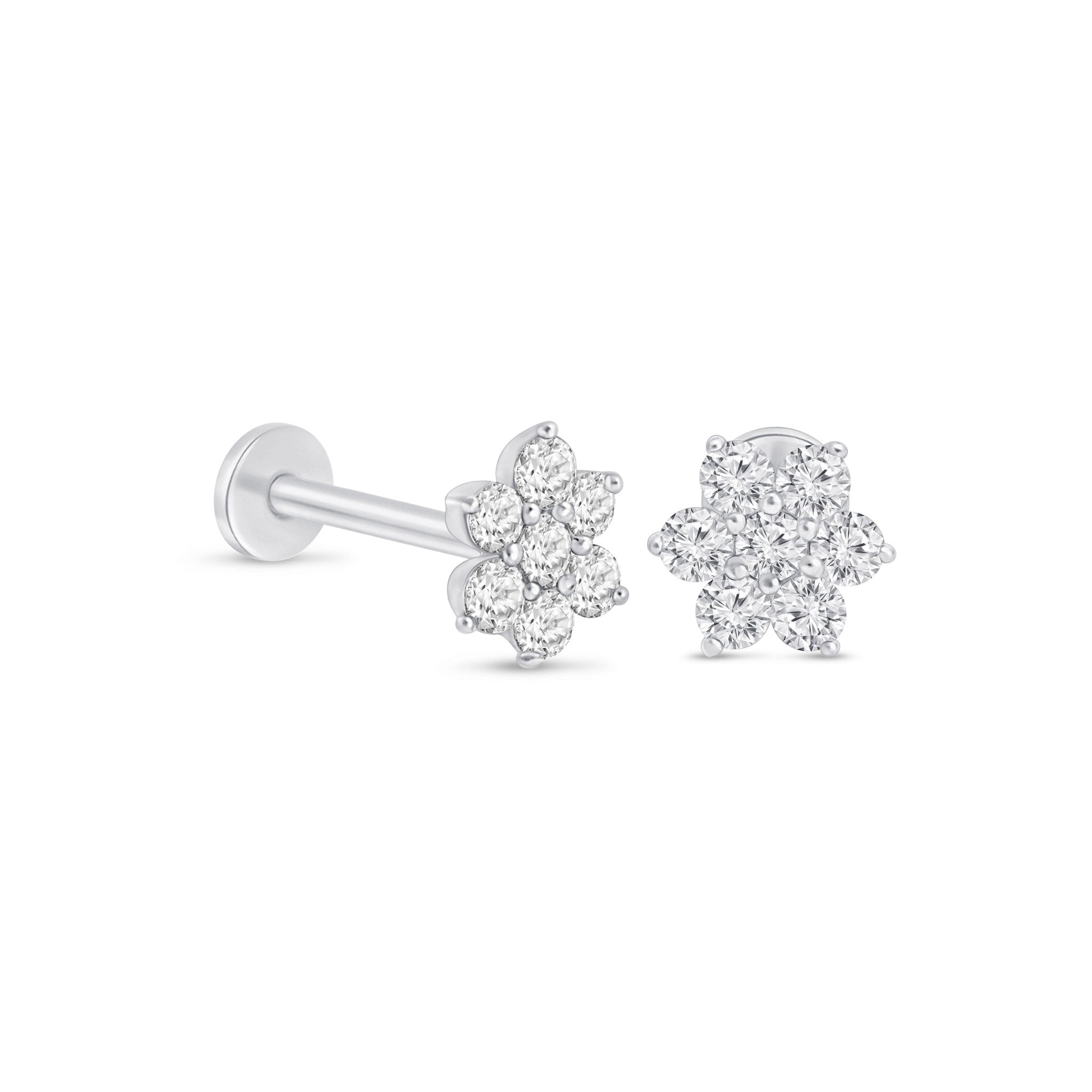 14k White Gold Seven Diamond Flower Stud Earrings - Elegant Flat Back Design for Women, Perfect for Weddings, Parties & Everyday Wear