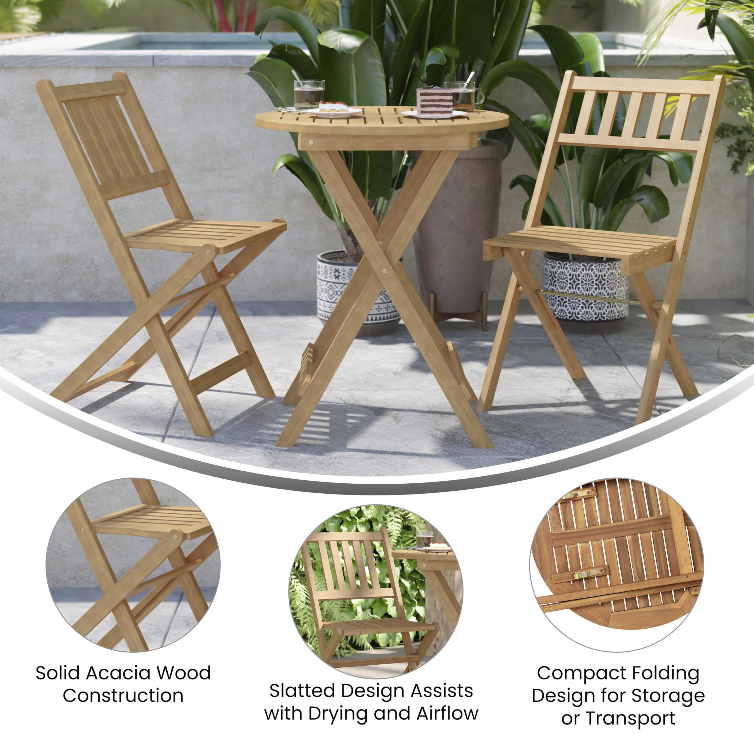 3 Piece Folding Patio Bistro Set - Natural Acacia Wood Round Table with 2 Chairs - Indoor/Outdoor Furniture for Garden, Balcony & Backyard - Slatted Tabletop & Seating - Perfect for Coffee, Dining & Relaxing
