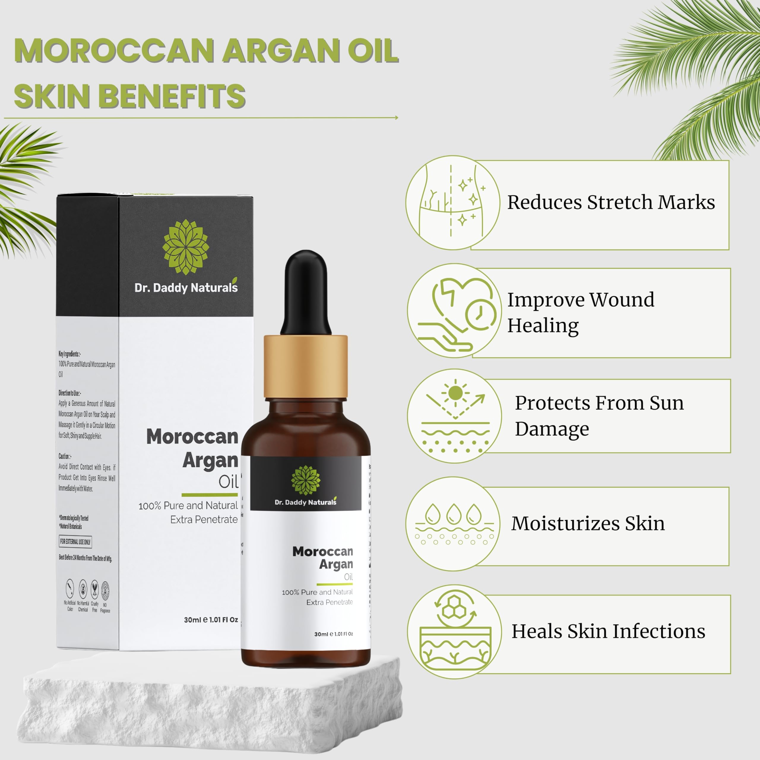Dr. Daddy Naturals 100% Pure Organic Cold Pressed Moroccan Argan Oil for Hair, Face & Skin - Frizz Control, Daily Nourishment, Stronger Hair Growth - 30ml | Perfect for Dry Hair Treatment, Skin Hydration & Anti-Aging Care