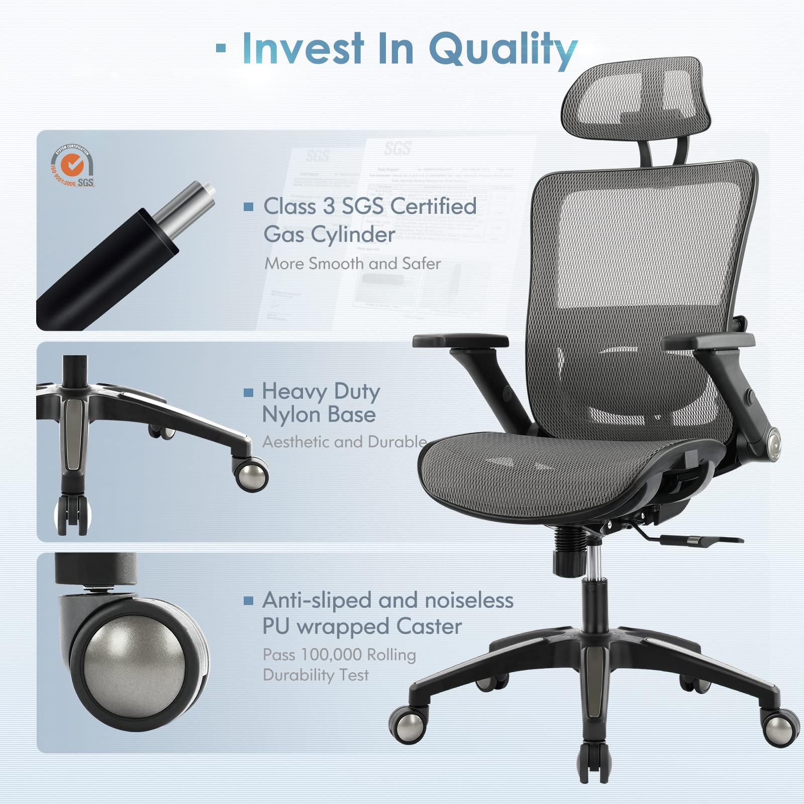 Ergonomic Mesh Office Chair with High Back, Headrest & 4D Flip-Up Armrests - Adjustable Tilt Lock & Lumbar Support - Grey - Perfect for Home Office, Gaming & Computer Workstations