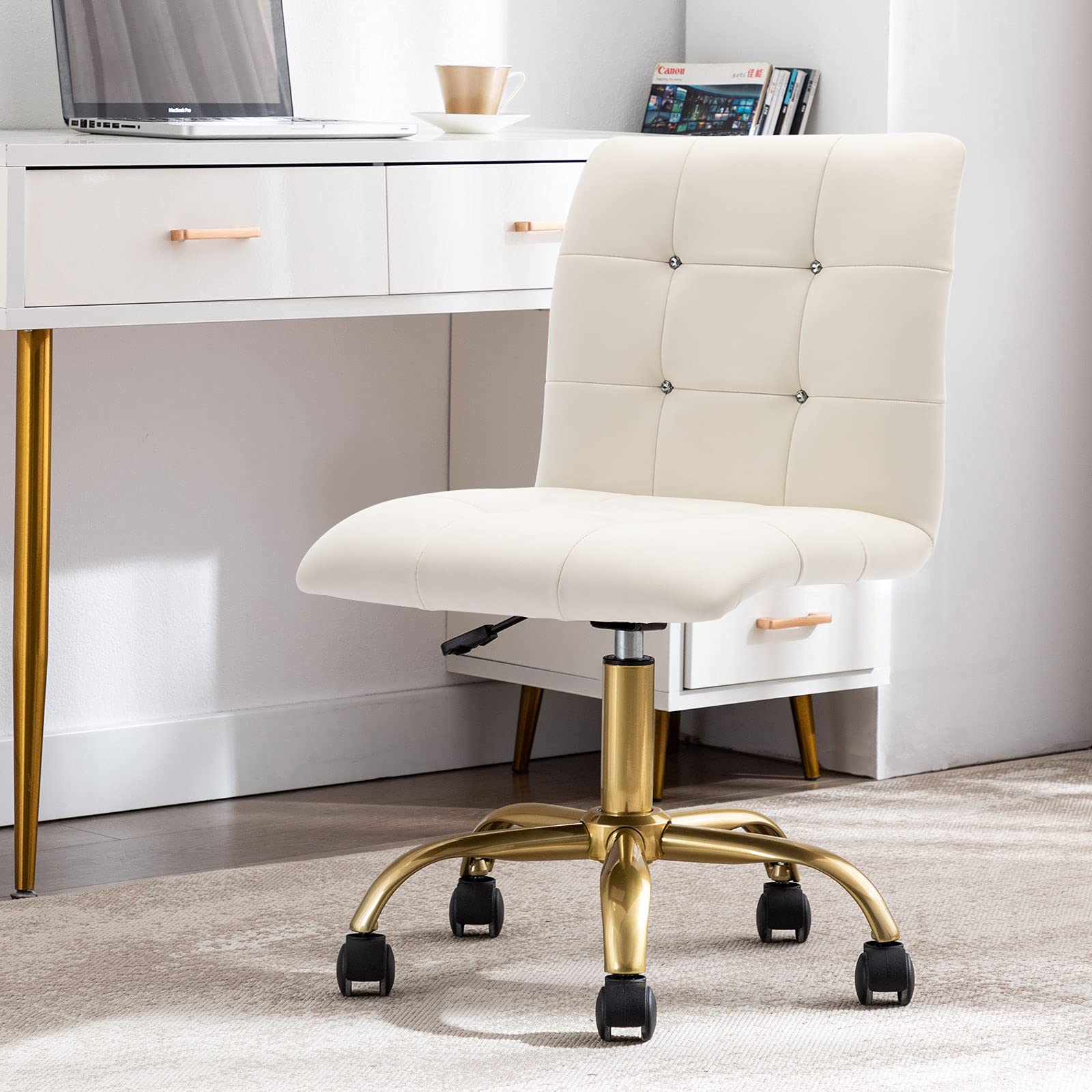 DUHOME Rolling Desk Chair for Women - Elegant Vanity Chair with Wheels, Button Tufted PU Leather Office Chair for Bedroom, Living Room & Home Office - Perfect for Studying, Working & Makeup Vanity (White)