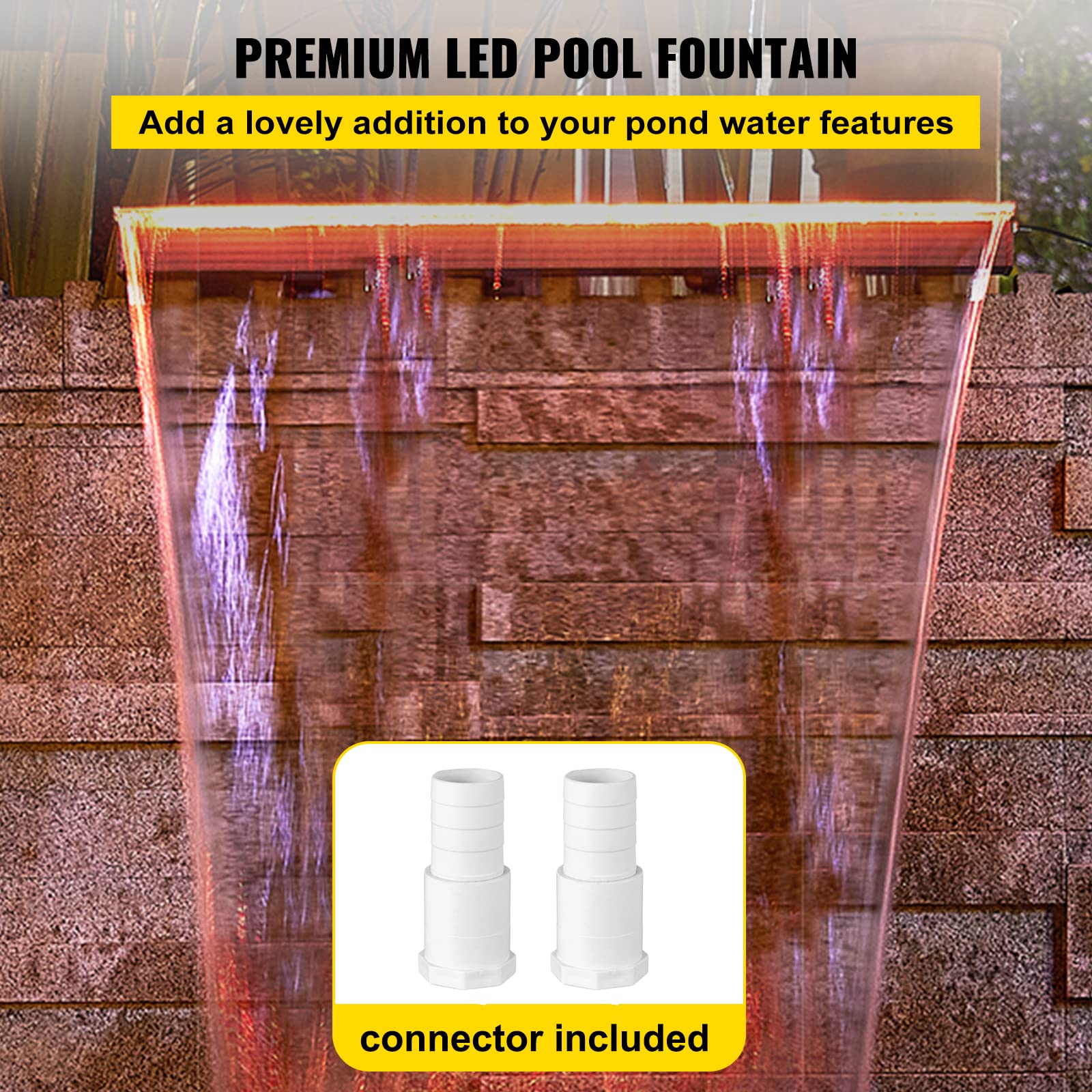 Vevor 35x3.2x8.1 Inch Acrylic Pool Waterfall Fountain with 17 Color LED Lights & Remote Control - Outdoor Waterfall Spillway Kit for Swimming Pools, Garden Ponds, and Backyard Landscaping