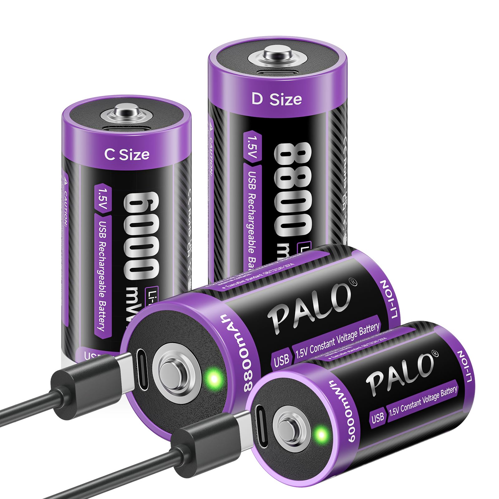 MSPALOCELL Rechargeable C & D Batteries Combo - 1.5V Lithium C D Batteries with 4-in-1 USB-C Charger for Flashlights, Clocks, Tools, Toys (2 C Batteries + 2 D Batteries) | Long-Lasting Power for Home, Office & Outdoor Use