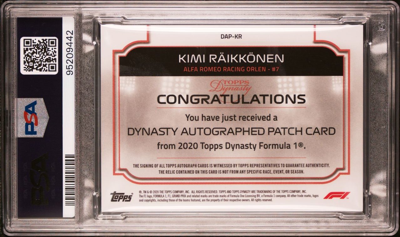 2020 Topps Dynasty F1 Kimi Raikkonen #DAP KR Auto Patch Card PSA 10 POP 1 - Rare Collectible for Formula 1 Fans & Sports Memorabilia Enthusiasts
